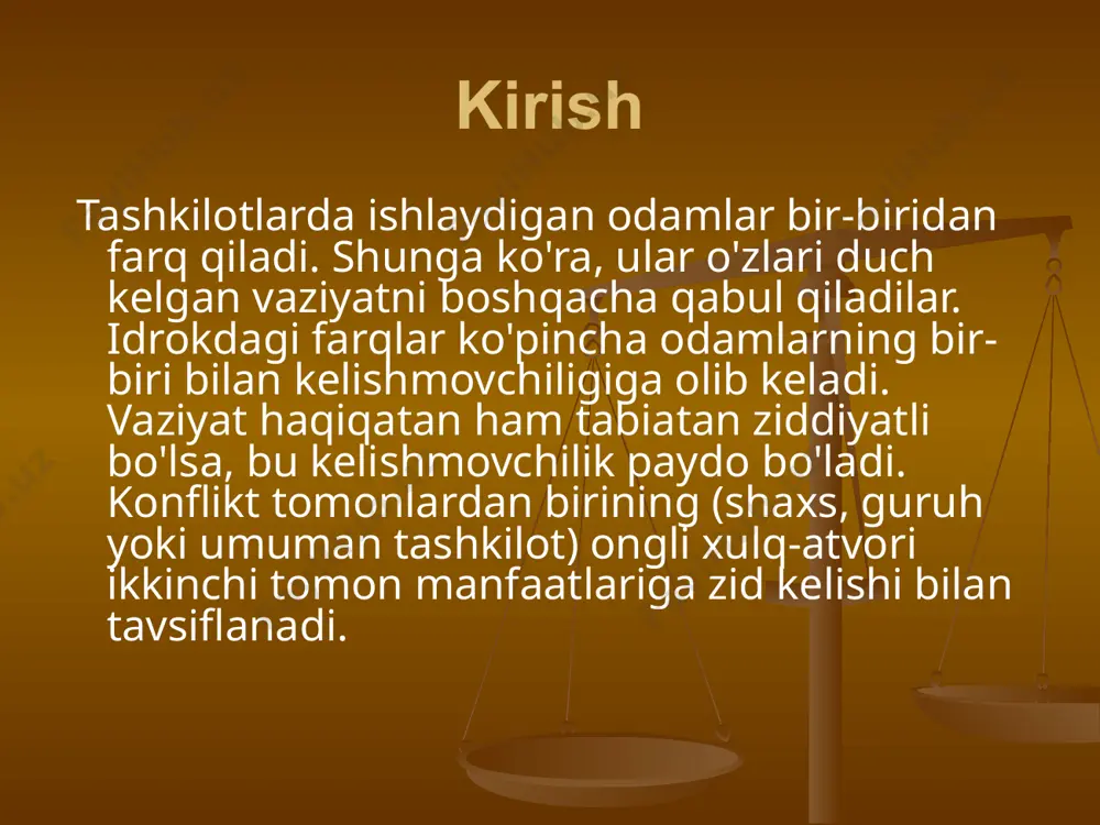 tasida, tashkilot ichida. mojaro manbalariresurslarning etishmasligi, biznesga teng bo'lmagan hissa, bajarilmagan umidlar, boshqaruv pravoslavligi, avtonomiyaning etishmasligi va boshqalar bo'lishi mumkin. mojarolarni hal qilish usullarikuch, kuch, ishontirish, hamkorlik, murosaga kelish, ziddiyatdan qochish, uchinchi kuchni jalb qilish, o'yin o'ynash va hokazo bo'lishi mumkin. nizolarni hal qilish strategiyalari 1) o'zaro ta'sir qilishdan qochish; 2) tekislash; 3) kurash; 4) hamkorlik va muammolarni hal qilish; 5) murosaga erishish. konfliktlarni boshqarishning tizimli usullari rahbar tomonidan tashkilotdagi o'z lavozimidan foydalanish bilan bog'liq usullar (buyruq, ko'rsatma, ko'rsatma va boshqalar); tashkilot qismlarini - nizo ishtirokchilarini "ajratish" bilan bog'liq usullar (ularni resurslar, maqsadlar, vositalar va boshqalar bilan ajratish) yoki ularning o'zaro bog'liqligini kamaytirish (birliklarni farqlash va avtonomlashtirish); o'zaro bog'liq bo'limlar (materiallar va butlovchi qismlar zaxirasi) ishida ma'lum bir "ortda qolish" ni yaratish bilan bog'liq usullar; qarama-qarshi bo'linmalar (bosh o'rinbosar, kurator yoki muvofiqlashtiruvchi va boshqalar) uchun maxsus integratsiya mexanizmini joriy etish bilan bog'liq usullar; turli bo'limlarni birlashtirish va ularga umumiy vazifa …