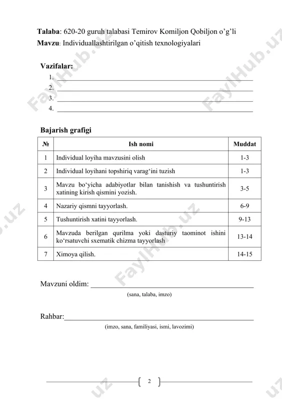 n individuallashtirilgan o’qitish, ta’lim-tarbiyasi masalasi bugungi kunda eng dolzarb masalalar sirasiga aylangan. maxsus ta’lim imkoniyati cheklangan bolalar uchun ta’lim tizimi sifatida rivojlangan bo’lib, ushbu ta’lim imkoniyati cheklangan bolalarning ehtiyojlarini umumta’lim muasasalarida qondirib bo’lmaydi degan taxminlar asosida qurilgan. maxsus ta’lim butun dunyoda maktab yoki internat shaklida, shuningdek umumta’lim maktablarining katta bo’lmagan qismlari sifatida faoliyat yuritib kelmoqda. individual loyiha ishining maqsadi va vazifasi. o‘quvchining mavjud imkoniyatlarini ro‘yobga chiqarishni ta’minlash – zamonaviy o‘quv jarayonida jadallashib borayotgan ilmiy-texnikaviy taraqqiyotning talabidir. bu borada individual o‘qitish texnologiyalari muhim ahamiyat kasb etadi. unda o‘quv-tarbiya jarayonini tashkil etishda individual yondashish asosida o‘qitish yo‘llari, usullari tanlanadi va turli o‘quv-uslubiy, psixologik, pedagogik hamda tashkiliy boshqaruv tadbirlari orqali amalga oshiriladi. o‘quvchilarga o‘zbekiston respublikasi xalq ta’limi vazirligi tomonidan tasdiqlangan individuallashtirilgan o’qitish, o‘quv reja asosida ta’lim-tarbiya beriladi. jismoniy rivojlanishida nuqsoni bo‘lgan o‘quvchilarga uyda yakka tartibda ta’lim berish maktabning o‘quv dasturi, psixik rivojlanishida nuqsoni bo‘lgan o‘quvchilarga uyda yakka tartibda ta’lim berish esa aqli zaif …