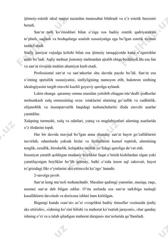diy aks ettirishi», «ishning ko’zini bilishi va mahorat ko’rsatish jarayoni», «har qanday ishning o’zi va u talab qiladigan mahorat darajasi» ma‘nolarida qo’llaniladi. san‘at keng ma‘noda san‘at asarlari (badiiy qadriyatlar) bilan birga ularni yaratish (badiiy ijod qilish) va iste‘mol (badiiy idrok etish) jarayonlarni ham qamrab oladi. san‘at haqidagi davrlarga qadar insoniyat taraqqiyoti bilan bogliq holda rivojlanib kelgan. o’zbekiston hududida ispaniya, sahroi kabir va boshqa manzillarda uchraydigan qoyalarga o’yib tushirilgan yovvoyi hayvonlarning tasvirlari haqidagi davrlar nazariyadan yuksak estetik qiymatga ega. bu tasvirlarda har bir narsa turining mezoniga mos ijod qilish, ya‘ni nafosat qonunlariga rioya qilish, vazn tuygusi, tenglik aksi, ularni yaratish jarayonidan olinadigan quvonch kabi estetik faoliyatning muhim belgilari mavjud.bu yodgorliklar in‘ikos etiladigan badiiy faoliyat kurtaklari endigina ko’rinib kelayotgan inson estetik faoliyatining natijalari edi. badiiy faoliyatning eng qadimgi shakllari hali bir-biridan ajralmagan yaxlit ibtidoiy jamoa madaniyatning bir qismini tashkil etgan bo’lib, afsonaviy (mifologik) bo’laklarda ifodalangan. afsonalarda diniy mazmun keng o’rin olgan. misr …