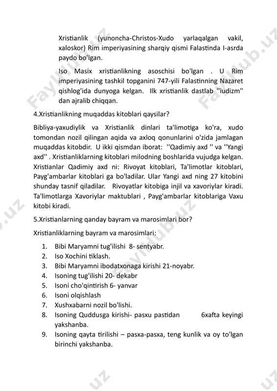 hi- pasxu pastidan 6xafta keyingi yakshanba. 9. isoning qayta tirilishi – pasxa-pasxa, teng kunlik va oy to'lgan birinchi yakshanba. 10. isoni osmonga ko'tarilishi – pasxudan 39 kun keyin. 11. muqaddas ruxni tushishi. 12. iso qiyofasining o'zgarishi 6-avgust. 3. mavzu: islom tafakkuri va madaniyatining shakllanish bosqichlari. 1. islom dini qachon va qayerda yuzaga kelgan? islom dini odam alayxisalom yer yuziga tushgandan boshlangan. odam alayxisalomga qaysi e'tiqod buyurilgan bo'lsa nux payg'ambarimizga xam o'sha e'tiqod buyurilgan. ibroxim alayxisalomga qaysi e'tiqod buyurilgan bo'lsa muhammad sav ga xam shu e'tiqod buyurildi. barcha dinlar e'tiqod masalasida yakka olloxga ibodat qilishlikka buyurildi. 2. joxiliyat deb qaysi davrga aytiladi? joxiliyat so'zining ma'nosi jaxlun – ya'ni ilmsizlik, xurofot, zulmat, ilmdan-ma'rifatdan uzoqda bo'lish degan ma'noni anglatadi. joxiliyat deb arablar islom dini kelishidan avval makkayu- mukarramdagi qurayishning ba'zi bir qilayotgan ishlari, sig'inayotgan ibodatlari, urf-odatlarini nomlashadi. uni abu-jahl deb xam ataydilar. 3.muxammad (sav) ga qachon va qayerda ilk vaxiy nozil bo'ldi? payg'ambarimiz …