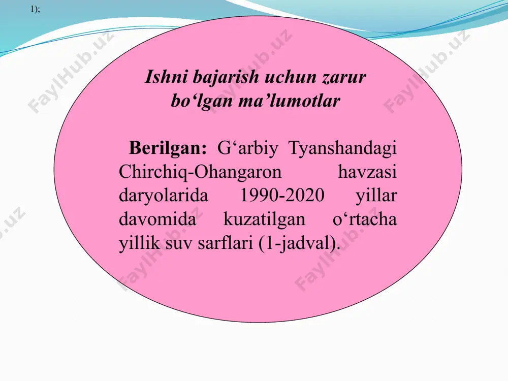 sarflarining qiymatlari quyiladi. namuna 1- rasmda keltirilgan. 3. o‘rtacha yillik yig‘indi suv sarflarining ekstremal qiymatlarini aniqlash va hisob yillarini tanlash. hisob davridagi o‘rtacha yillik yig‘indi suv sarflarining ekstremal, ya’ni eng katta, eng kichik va o‘rtacha qiymatlari 1-jadvaldan aniqlanadi. ana shu qiymatlar asosida ularga mos yoki yaqin keladigan suv sarflari kuzatilgan yillar hisob yillari sifatida tanlanadi (2- jadval). 2-jadval. o‘rtacha yillik yig‘indi suv sarflarining ekstremal qiymatlari va tanlangan hisob yillari yig‘indi suv sarflari miqdori, m 3 /sek kuzatilgan yil q max 465,1 2018 q min 142,9 2013 q o‘rt 247,1 2017 4. tanlangan hisob yillari bo‘yicha yillik oqim hajmini, oqim modulini va oqim qalinligini hisoblash. hisoblashlar quyidagi tartibda amalga oshiriladi: 1) tanlangan hisob yillariga tegishli oqim hajmlarini hisoblash: w max =q max · t = 465,1 m 3 /sek · 31,54 ·10 6 sek =14,67 km 3 . oqim hajmining eng kichik(w min ) va o‘rtacha(w o‘rt ) qiymatlari ham shu …