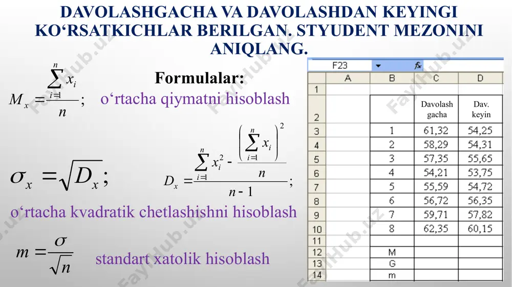 ri bog`lanish, r = +1 bo’lsa to’g`ri bog`lanish bo’ladi. bog`lanish xarakteri to’g`ri (+) teskari (-) 1. bog`lanish yo’q 0 0 2. kuchsiz bog`lanish 0 dan +0,29 gacha 0 dan -0,29 gacha 3. o’rtacha bog`lanish +0,30 dan +0,69 gacha -0,30 dan -0,69 gacha 4. kuchli bog`lanish +0,70 dan +0,99 gacha -0,70 dan -0,99 gacha 5. to’liq (funkstional) bog`lanish 1 -1 bog`lanish kuchini aniqlash uchun quyidagi jadvaldan foydalanamiz. jadvalning 3-dan 11 gacha satrlarini sarlavhadan foydalanib belgilaymiz va sichqoncha o’ng tugmasini bosib, скрыть buyrug`ini tanlaymiz. jadvalni qolgan qismini belgilaymiz va вставка ilovasidan diagramma tipini tanlaymiz. yoki ushbu oynada ham biz diagramma turini tanlashimiz mumkin. image2.png image7.wmf image8.png image4.wmf image5.wmf image6.wmf image9.png image10.png image11.png image12.png image13.png image14.png image15.png image16.png image17.png image18.png image19.png image20.wmf image21.png image22.png image23.png image24.png image25.png image26.png image27.png image28.png image29.tmp image30.tmp image31.tmp image1.png n m s = ; 1 n x m n i i x å = = ; 1 1 …