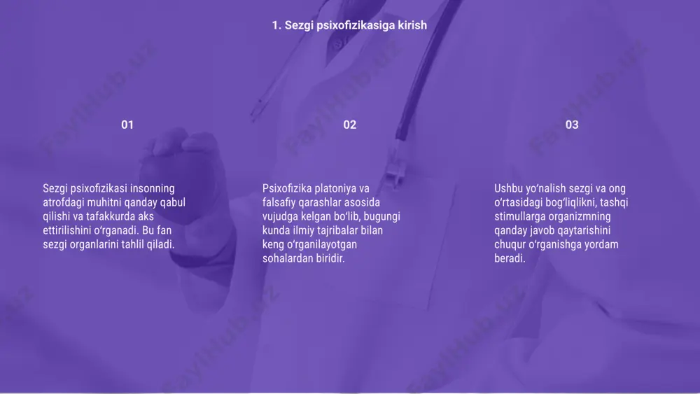 zgi psixofizikasi yordamida nogironlarning muqobil sensor tizimlarini ishlab chiqish va reabilitatsiya jarayonlari yanada takomillashtirilmoqda. 8. sezgi psixofizikasining amaliy qo‘llanilishi e’tiboringiz uchun rahmat image1.png image2.png image3.png image4.gif image5.png image6.png image7.png