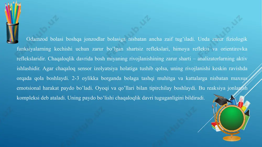 soblanadi. 1,5 yoshgacha bola 100 tacha, 2 yoshgacha 300 tacha, 3 yoshgacha 1500 so’zni o’zlashtiradi. tilning grammatik tuzilishini o’zlashtirish bir necha bosqichga bo’linadi. avtonom nutq davri 1-2 yoshda bo’lib, nutq amorif so’z o’zaklardan iborat. 3 yoshgacha davrda esa ona tilining grammatik tuzilishini o’zlashtira boshlaydi. ilk bolalik davrida predmetlik faoliyati asosida tafakkur rivojlana boshlaydi. tushunishning eng qulay (senzitiv) davri bir yoshdan bir yarim yoshgachadir. bu davrda bola predmet va jismlarning nomlarini engil o’zlashtirib oladi. tadqiqotchi e.k.kaverlanning tajribasida tasdiqlanganidek bolaning predmetlarni tushunishi quyidagi tartibda yuz beradi: bola eng avval predmetlarning nomlanishini; katta odamlarning va o’yinchoqlarning nomlarini o’zlashtiradi; tana a`zolarining nomlarini o’zlashtiradi. ilk bolalik davrida bola shaxsi shakllanishi boshlanadi. bolada “men o’zim” konsepciyasi vujudga keladi. bu yosh davri 3 yoshlilar krizis davrining yuzaga kelishi bilan tugaydi. krizisning sababi bolada ma`lum darajada mustaqillikka ehtiyojning paydo bo’lishi, kattalarning esa eski munosabatlar tipini saqlab qolishidir. maktabgacha yosh davri. 3 yoshdan 7 yoshgacha organizmning intensiv o’sishi davom …