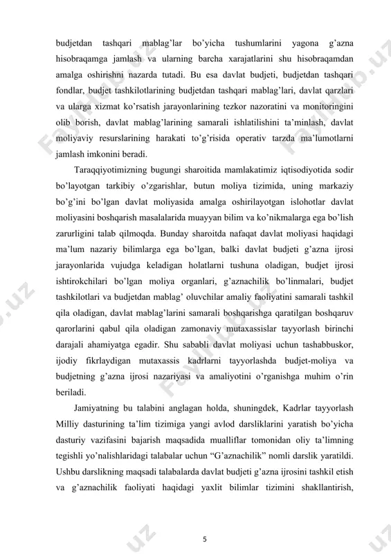 ini o’zlashtirish asosida axborotlashtirishni yanada rivojlantirish talab etiladi. davlat moliyasini boshqarishdagi islohotlar sharoitida umumdavlat moliya tizimining bosh bo’g’ini – davlat budjetini boshqarish, budjet jarayonini tashkil etish tizimidagi islohotlar, xususan, budjet ijrosida kassali tizimdan jahon amaliyotida sinalgan va o’zining ijobiy natijalarini bergan budjet tizimi budjetlarining g’azna ijrosiga o’tish amalga oshirilmoqda. bugungi kunda budjet jarayonini samarali tashkil qilish ishlarini g’aznachilik nazoratisiz ta’minlash qiyin ekanligini olimlar va iqtisodchilar, qolaversa, soha mutaxassislari asosli ravishda e’tirof etmoqdalar. chunki g’aznachilik nazorati budjet daromadlari va xarajatlarini yagona g’azna hisobraqamiga jamlash, pul mablag’larini to’g’ri rejalashtirish, moliyaviy oqimlarning dastlabki va joriy nazoratini amalga oshirish hamda davlat budjetini yuqori operativlikda ijro qilish imkonini beradi. ma’lumki, global jahon iqtisodiyotidagi jiddiy muammolar hamda ularning dunyodagi ko’plab mamlakatlar qatorida bizning mamlakatimiz iqtisodiyotiga ham ko’rsatayotgan salbiy ta’siriga qaramasdan, oxirgi yillarda respublikamizda yuqori va barqaror o’sish sur’atlarini saqlab, makroiqtisodiy barqarorlik va mutanosiblikning ta’minlanayotganligi o’ziga xos ijobiy ko’rsatkich bo’lmoqda . avvalo, budjet jarayoni tushunchasining mazmuniga to’xtaladigan …