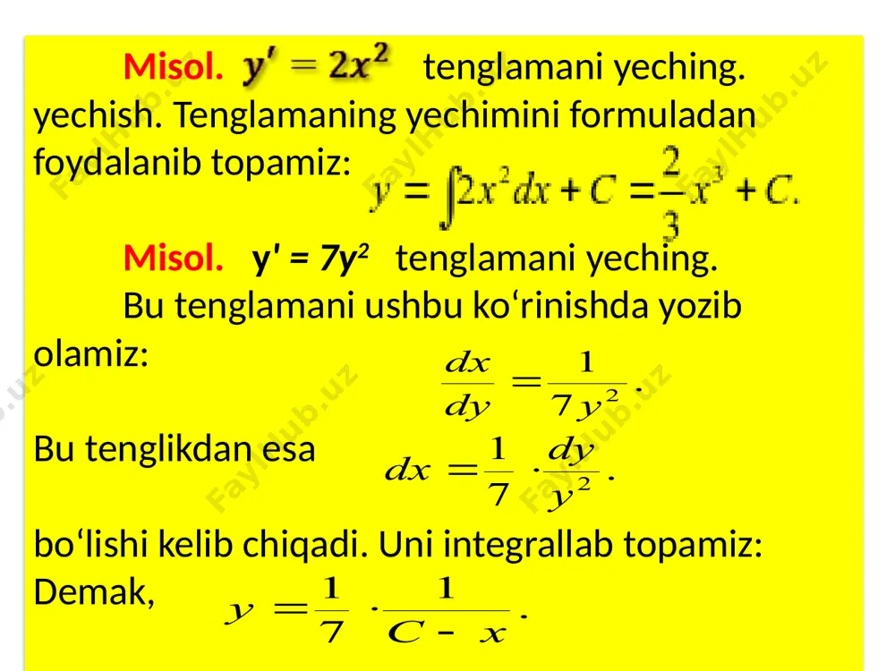( ) ( vuxvxuy  )()( 0 ) ( ) ( ' ' = + × + + x q uv x p uv v u 0)()(''  xquvxpuvvu . 0 ) ' ( ' = + × + + q v p v u v u .0)'('  qvpvuvu , ) ( . 0 dx x p v dv v p dx dv - = = × + ,)(.0 dxxp v dv vp dx dv  . ) ( ln ò - = dx x p v .)(ln   dxxpv ò = - dx x p e v ) (   dxxp ev )( , , 0 ' ) ( ò - = = + ò × - pdx dx x p qe dx du q e u ,,0' )(      pdxdxxp qe dx du qeu . ) ( c dx e x …