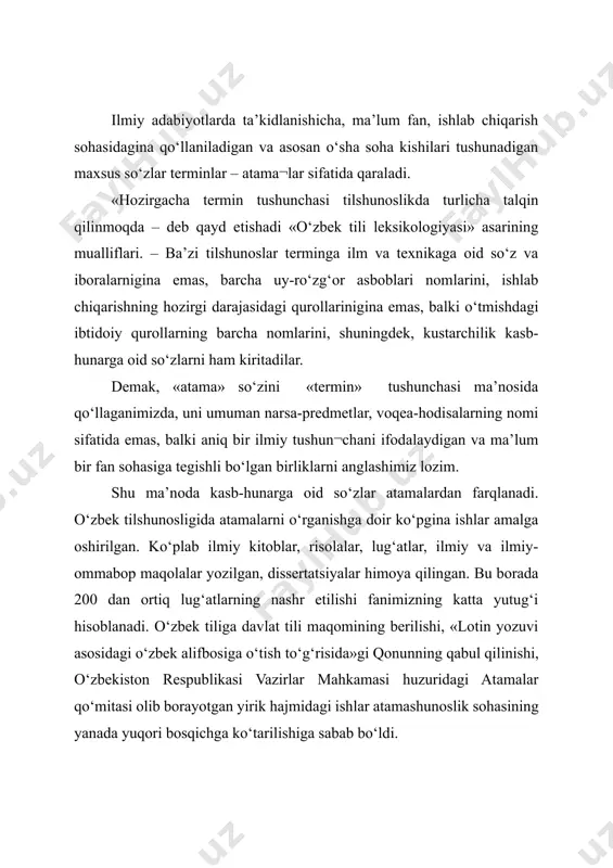 aeroport-tayyoragoh, familiya-naslnoma, klub-da’vatxona, titul list-sarvaraq va hokazo. bu kabi tavsiyalar mustaqillikdan keyin – «davlat tili haqida»gi qonun qabul qilingach, o‘rtaga tashlandi. ona tilimizning chin fidoyilari erksevar va millatsevar jadidlar tomonidan esa shu mazmundagi mulohazalar asrimizning boshlarida, mustamlakachilik paytlaridayoq o‘rtaga tashlanganligi tarixdan ma’lum. ulug‘ ma’rifatparvar fitrat 1921-yildagi til, imlo qurultoyida kontrrevolyutsion «chig‘atoy gurungi» tashkilotining dasturini bayon etib, o‘zbek tilidan yot so‘zlar (arabcha, forscha, ruscha) ni chiqarib tashlasak, buyuk idealimiz bo‘lgan turkchilikka birlashamiz, deb ochiq-oydin aytdi. ular (tilning sofligi uchun kurashuvchilar mualliflar)... ko‘plab qadimiy so‘zlarni tiriltirishni, o‘zbek adabiy tiliga qabul qilishni tavsiya qildilar. masalan, arabcha zahmat, xalq, duo, nasihat, rais, olam, kitob, maktub so‘zlari o‘rniga emgak, el, o‘qish, o‘gut, boshliq, ochun, bitik, yozoq so‘zlarini, forscha shahar, guvoh, tajriba so‘zlari o‘rniga baliq, taniq, sipok so‘zlarini, ruscha parovoz, poyezd, revolyutsiya, proletar, samovar, pochta, agronom, elektr, geografiya, botanika, astronomiya, morfologiya, sintaksis kabi so‘zlar o‘rniga o‘txona, otash arava, o‘zgarish, yo‘qsil, o‘zi qaynar, choparxona, ekin bilg‘ich, simchiroq, …