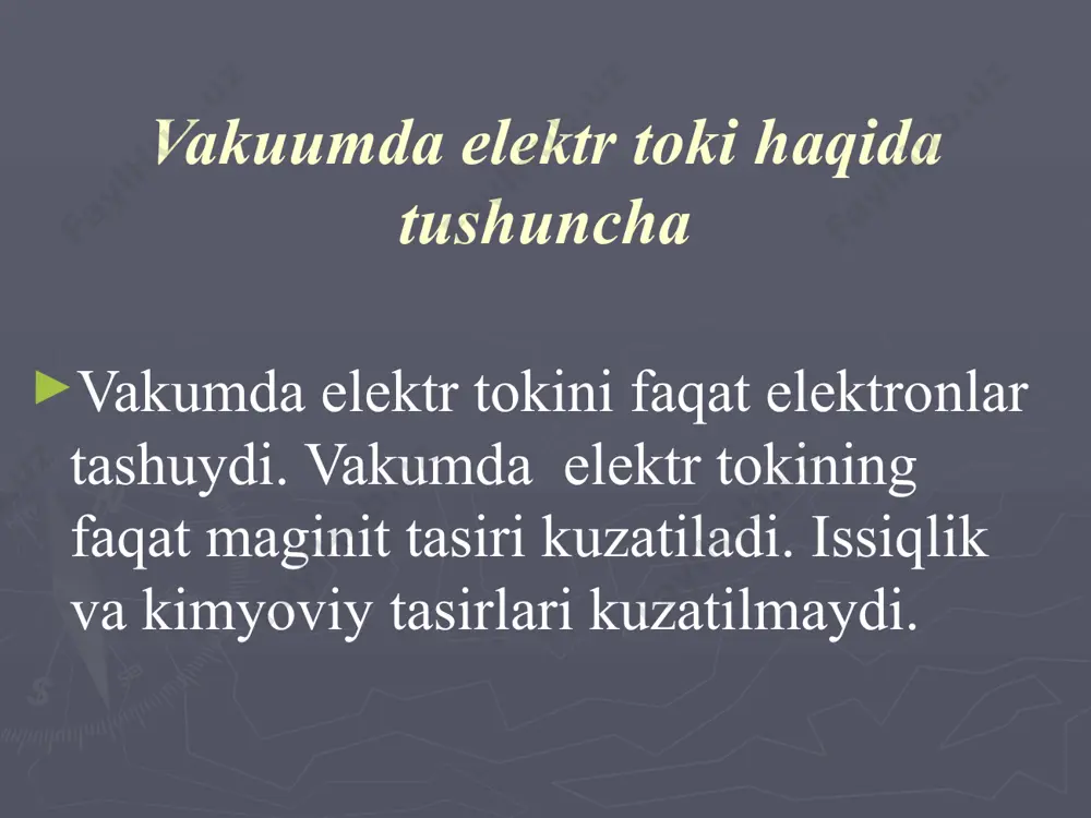ajralib chiqadigan hodisa. bunday elektronlar termoelektronlar deb ataladi va butun tana emitentdir. bu hodisani birinchi marta 1879 yilda amerikalik olim tomas edison payqagan. issiqlik tasirida moddadan elektronlarning ajralib chiqishiga termoelektron emissiya deyiladi. ikki elektrodli elektron lampaga diod deyiladi. diod elektr tokini faqat bir tomonga otkazadi. diod ozgaruvchan elektr tokini ozgarmas elektr tokiga aylantirish uchun ishlatiladi. anod potensiali (u) ta`sirida elektron olgan tezlanish (a); e– elektr maydon kuchlanganlik vektori, d– elektrodlar orasidagi masofa. anodga yetib borgan elektron tezligi: elektronni anodga yetib borishida elektr maydonining bajargan ishi– a u– anod kuchlanishi, q–anodga yetib borgan zaryad , n–anodga yetib borgan elektronlar(e) soni. gazlarda elektr tokini elektronlar, musbat va manfiy ionlar tashiydi. gazlardan elekt tokini o’tishiga gaz razryadi deyiladi.. gazlarda elektr tokining issiqlik va magnit tasirlari bo’ladi, ximiyaviy tasiri bo’lmaydi. termoelektron emissiya hodisasining kelib chiqishi. termoelektron emissiya, richardson effekti— oʻtkazgichlar, qattiq va baʼzan suyuq jismlardan issiklik energiyasi taʼsirida elektronlarning vakuum yoki boshqa muxitlarga chikish …