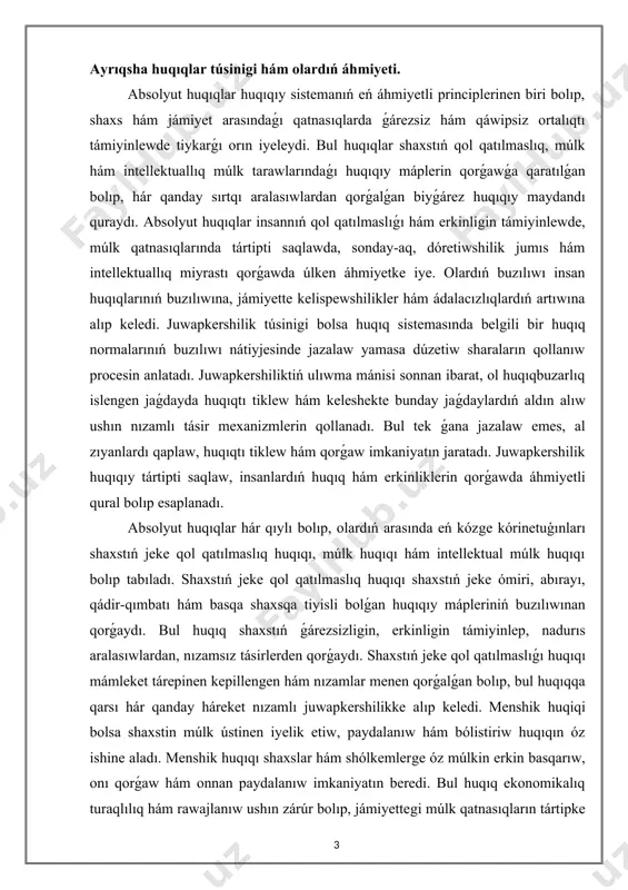 pleriniń buzılıwınan qorǵaydı. bul huqıq shaxstıń ǵárezsizligin, erkinligin támiyinlep, nadurıs aralasıwlardan, nızamsız tásirlerden qorǵaydı. shaxstıń jeke qol qatılmaslıǵı huqıqı mámleket tárepinen kepillengen hám nızamlar menen qorǵalǵan bolıp, bul huqıqqa qarsı hár qanday háreket nızamlı juwapkershilikke alıp keledi. menshik huqiqi bolsa shaxstin múlk ústinen iyelik etiw, paydalanıw hám bólistiriw huqıqın óz ishine aladı. menshik huqıqı shaxslar hám shólkemlerge óz múlkin erkin basqarıw, onı qorǵaw hám onnan paydalanıw imkaniyatın beredi. bul huqıq ekonomikalıq turaqlılıq hám rawajlanıw ushın zárúr bolıp, jámiyettegi múlk qatnasıqların tártipke salıwda úlken áhmiyetke iye. menshik huqıqınıń buzılıwı kóbinese finanslıq zıyanlar, isenimniń tómenlewi hám sociallıq kelispewshiliklerge alıp keledi, sonıń ushın onıń qorǵalıwı mámleket tárepinen qatań qadaǵalawǵa alınadı.intellektuallıq múlk huqıqı bolsa dóretiwshiniń intellektual iskerligi nátiyjelerine iyelik etiw hám olardı qorǵaw huqıqın ańlatadı. bul huqıqlar patentler, avtorlıq huqıqlar, sawda belgileri kiredi. intellektuallıq múlk huqıqın qorǵaw ilim, mádeniyat hám sanaat tarawlarında innovaciyalardı xoshametlewge xızmet etedi. bunday huqıqlar buzılǵanda dóretiwshiniń huqıqları buzıladı, jańa qollanbalar …