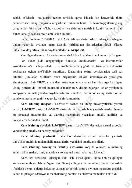 yonlarni boshqarishda ishlatiladi. labview scada-tizimga juda yaqin bo’lib, lekin undan farqi o’laroq texnologik jarayonlarni avtomatlashtirish va boshqarish tizimlari (tjabt) doirasidagi masalalarni emas, balki avtomatlashtirish tizimlarini ilmiy tekshirish (atit) doirasidagi masalalarni yechishga mo’ljallangan. labviewdasturida foydalanilgan “g” grafik dasturlash tili ma’lumotlar oqimi arxitekturasiga asoslangan. bunday dasturlash tilida operatorlar ketma-ket bajarilish tartibida (imperativ dasturlash singari) emas, balki mavjud ma’lumotlarni bu operatorlarga kirishi orqali aniqlanadi. labview dasturining asosini vertual qurilmalar (vertual instruments) tashkil qiladi. dasturning old panelida dasturni boshqarish elementlari - tugmalar, grafiklar va boshqa shu kabilar joylashgan bo’ladi. blok-sxema - bu dastur hisoblanadi. dastur yozishda (aniqrog’i yaratishda) “ma’lumotlar oqimi” (data flow) tushunchasi ishlatiladi. uning mohiyati shundaki, hamma dasturning elementlari (grafik ko’rinishda berilgan) bir-biri bilan (tarmoq, sim orqali) bog’lanadi va shu orqali ma’lumotlar o’tadi. bu quyidagi ramsda keltirilgan: 1-rasm oddiy panel. raqamli belgilanishlar: ^ 1- dasturning elementlari (nodes); ^ 2-indikator terminallari (indicator terminals); ^ 3-bog’lanishlar (wires); ^ 4-boshqarish elementlarining terminallari (control terminals) labview dasturida …