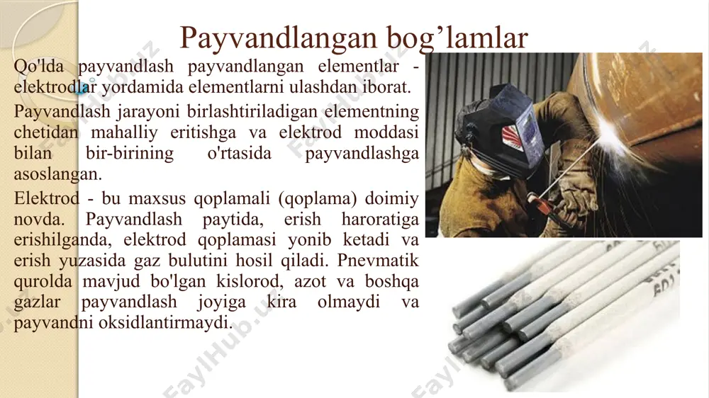 mm diametrli payvandlangan sim qo'lda ushlagich bilan tikuv qilingan joyga beriladi. flux hunidan tikuv qilingan joyga quyiladi. payvandchi qo'lda tikuvni amalga oshiradi va hunini oqim bilan va ushlagichni sim bilan harakatga keltiradi. payvandlangan bog’lamlar gaz-elektr payvandlash - inert gazlarda (masalan, argon, geliy) yoki faol gazlarda (karbonat angidrid) payvandlash. payvandlash joyiga maxsus kompozitsion payvandlash paychalarining kiritilishi va issiq gaz oqimi simni eritib, tikuv hosil qiladi. qoida tariqasida, payvand choki yuqori sifatga ega. payvandlangan bog’lamlar gazni payvandlash - qo'shimchani mash'al bilan isitish orqali tuzilmalarni payvandlash. odatda propan yoqilg'i gazi sifatida ishlatiladi va kislorod yanada samarali yonish uchun ishlatiladi. dikişin sifati odatda past bo'ladi va gaz uskunalari asosan yordamchi ishlar uchun, masalan, elementlarni kesish uchun ishlatiladi. payvandlangan ulanishlar. ulanish turlari. hisoblashni amalga oshirayotganda, dizayner har xil turdagi payvandlangan bo'g'inlarni farqlashi va loyihalashda o'rnatish va quvvat jihatidan eng mos keladiganini qo'llashi kerak. so'nggi paytlarda payvandlash ishlari faqat zavodda va saytdagi istisno hollarda amalga oshiriladi. …