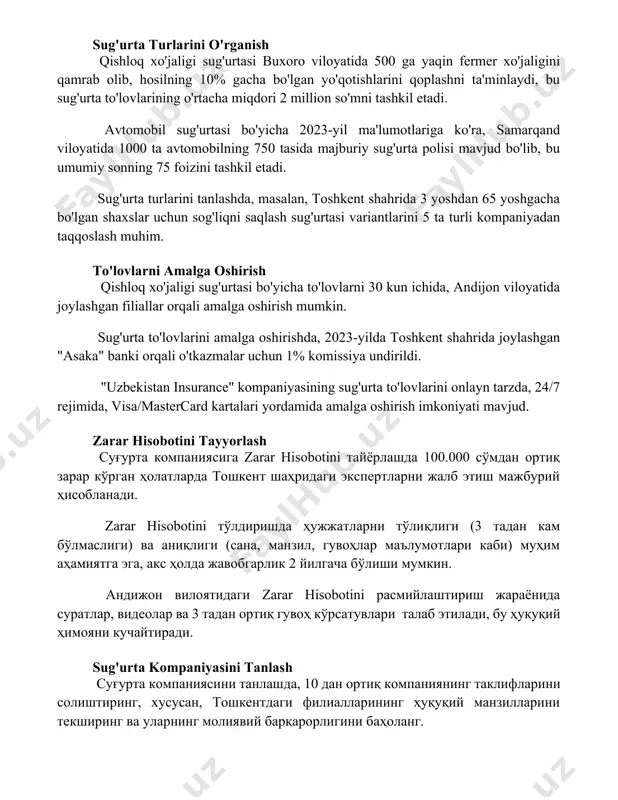 750 tasida majburiy sug'urta polisi mavjud bo'lib, bu umumiy sonning 75 foizini tashkil etadi. sug'urta turlarini tanlashda, masalan, toshkent shahrida 3 yoshdan 65 yoshgacha bo'lgan shaxslar uchun sog'liqni saqlash sug'urtasi variantlarini 5 ta turli kompaniyadan taqqoslash muhim. to'lovlarni amalga oshirish qishloq xo'jaligi sug'urtasi bo'yicha to'lovlarni 30 kun ichida, andijon viloyatida joylashgan filiallar orqali amalga oshirish mumkin. sug'urta to'lovlarini amalga oshirishda, 2023-yilda toshkent shahrida joylashgan "asaka" banki orqali o'tkazmalar uchun 1% komissiya undirildi. "uzbekistan insurance" kompaniyasining sug'urta to'lovlarini onlayn tarzda, 24/7 rejimida, visa/mastercard kartalari yordamida amalga oshirish imkoniyati mavjud. zarar hisobotini tayyorlash суғурта компаниясига zarar hisobotini тайёрлашда 100.000 сўмдан ортиқ зарар кўрган ҳолатларда тошкент шаҳридаги экспертларни жалб этиш мажбурий ҳисобланади. zarar hisobotini тўлдиришда ҳужжатларни тўлиқлиги (3 тадан кам бўлмаслиги) ва аниқлиги (сана, манзил, гувоҳлар маълумотлари каби) муҳим аҳамиятга эга, акс ҳолда жавобгарлик 2 йилгача бўлиши мумкин. андижон вилоятидаги zarar hisobotini расмийлаштириш жараёнида суратлар, видеолар ва 3 тадан ортиқ гувоҳ кўрсатувлари талаб …