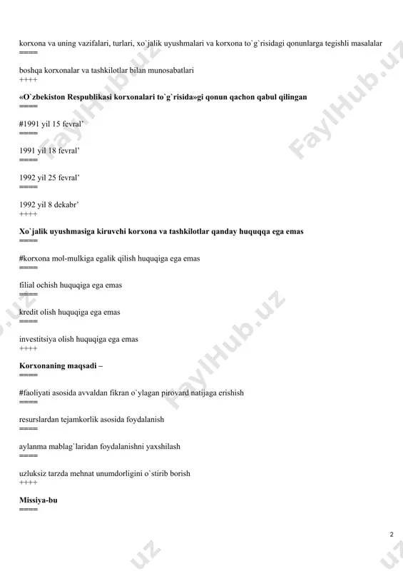 laridan foydalanishni yaxshilash ==== uzluksiz tarzda mehnat unumdorligini o`stirib borish ++++ missiya-bu ==== #hozirgi vaqtda va istiqbolda iste`molchilar manfaati birinchi o`rinda turuvchi maqsadlaridir ==== korxonaning foyda olish maqsadi ==== korxonaning rivojlanish strategiyasini ishlab chiqish ==== firma resurslarining samarali taqsimlanishi ++++ ta`minlovchi sistema komponentlariga nimalar kiradi ==== #uslubiy ta`minlanish, resurslar bilan ta`minlanish, axborot ta`minoti, huquqiy ta`minot ==== uslubiy ta`minlanish, hisob va nazorat, sotish bozorini kengaytirish ==== resurslardan foydalanish, uslubiy ta`minlanish, huquqiy ta`minlanish, ishlab chiqariladigan mahsulot sifatini oshirish ==== tashkiliy texnik rivojlanish, resurs bilan ta`minlanish, atrof tabiiy muhit muhofazasi ++++ funksional sistema quyidagi komponentlardan tuzilgan. ==== #rejalashtirish, tashkil qilish, marketing, hisob va nazorat, motivatsiya, tartibga solish. ==== marketing, makromuhit, tashqi muhit, rejalashtirish, nazorat. ==== mikromuhit, marketing, rejalashtirish, motivatsiya. ==== tashki muhit, mikromuxit, rejalashtirish, marketing, nazorat. ++++ maqsadli sistema komponentlariga nimalar kiradi ==== #ishlab chiqariladigan mahsulot sifatini oshirish, resurslardan foydalanish, sotish bozorini kengaytirish, ishlab chiqarishni rivojlantirish, atrof tabiiy muhitni muhofaza qilish ==== qarorlar …