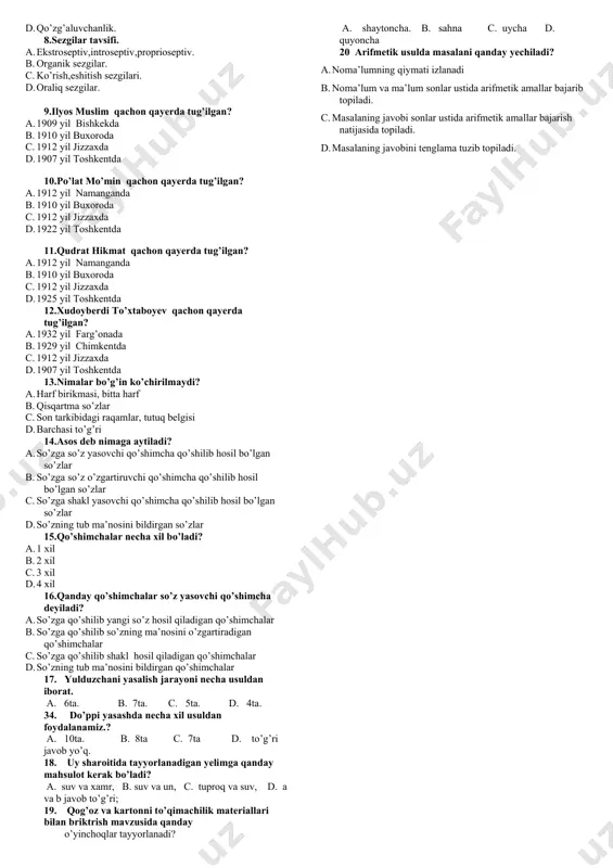 n. c.2,4 mln. d.3,6 mln. 12. 1925-1940-yillar davomida qurilgan geslar soni nechtaga yetdi? a.21 ta b.14 ta c.49 ta d.17 ta 13. 1926-27-yillarda partiya tashkilotlarida bir necha bor muhokama qilinib, og’machi guruhbozlikda ayblangan guruhni ko’rsating. a."inog’omovchilik" b."18 lar guruhi" c."qosimovchilik" d."milliy ittihod" 14. 1926-yilda "o’zbekiston ziyolilari" nomli risolasini e’lon qilgan siyosiy arbob kim? a.b.sharipov b.n.mavlonbekov c.r.inog’omov d. i.xidiraliyev 15. 1926-yildan 1940-yilgacha o’zbekiston aholisi yangi kelganlar hisobiga necha foizga ko’paygan? a.10 foiz b.14 foiz c.17 foiz d.21 foiz 16. 1926-yilgi ma’lumotga ko’ra o’zbekiston ssr aholisining necha foizini o’zbeklar tashkil etgan? a.77,2 foiz b.86,7 foiz c.67,8 foiz d.74,2 foiz 17. 1927-1928-y-y "hujum" harakati davomida paranji tashlagan ayollar uchun savodsizlikni tugatish bo’yicha nechta maktalar tashkil etilgan? a.24 ta b.28 ta c.41 ta d.32 ta 18. 1927-yil farg’ona vodiysida .......... a.sho’rsuv neft koni ochildi b.butunittifoq paxtachilik ilmiy-tadqiqot instituti ochildi c.gidrometerologiya instituti ochildi d.geliotexnika labaratoriyasi ochildi 19. 1930-yil martiga kelib o’zbekistonda dehqon xo’jaliklarining necha foizi …