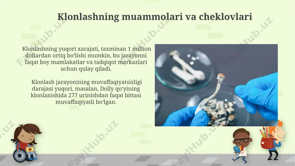 somatik hujayra yadrosi transferi texnologiyalari qo'llaniladi. 2000-yillarning boshlarida janubiy koreyada embrion hujayralarini klonlash bo'yicha muhim ilmiy yutuqlar qayd etildi, bu esa terapevtik klonlash va davolash usullarini rivojlantirishga turtki bo'ldi. klonlashning tibbiy ahamiyati organ yetishmovchiligi muammosiga yechim sifatida, donor organlari tanqisligiga qarshi kurashishda, klonlash texnologiyalari 2030 yilga kelib taxminan 50% ga organ transplantatsiyasi ehtiyojini qondirishga yordam berishi mumkin. klonlangan hujayralarni qo'llash orqali genetik kasalliklarni aniqlash va davolashda, masalan, britaniyada o'tkazilgan tadqiqotlarda 10 yoshgacha bo'lgan bolalarda genetik nuqsonlarni aniqlash va tuzatish samaradorligi 85% ga yetdi. klonlash tushunchasi va turlari 1996-yilda shotlandiyada dolly qo'zining yaratilishi dunyoni hayratda qoldirdi va klonlashning tibbiy imkoniyatlarini, shuningdek, axloqiy muammolarini ko'rsatdi. bu 277 ta urinishdan keyin amalga oshirilgan edi. klonlashning asosiy turlari 3 ta: reproduktiv klonlash (yangi organizm yaratish), terapevtik klonlash (hujayralar va to'qimalarni olish) va reproduktiv emas klonlash (genetik jihatdan bir xil organizmlar yaratish, masalan, o'simliklar klonlashida). klonlashning tarixiy rivojlanishi 21-asr boshlarida, klonlash texnologiyalari rivojlanib, inson embrional …