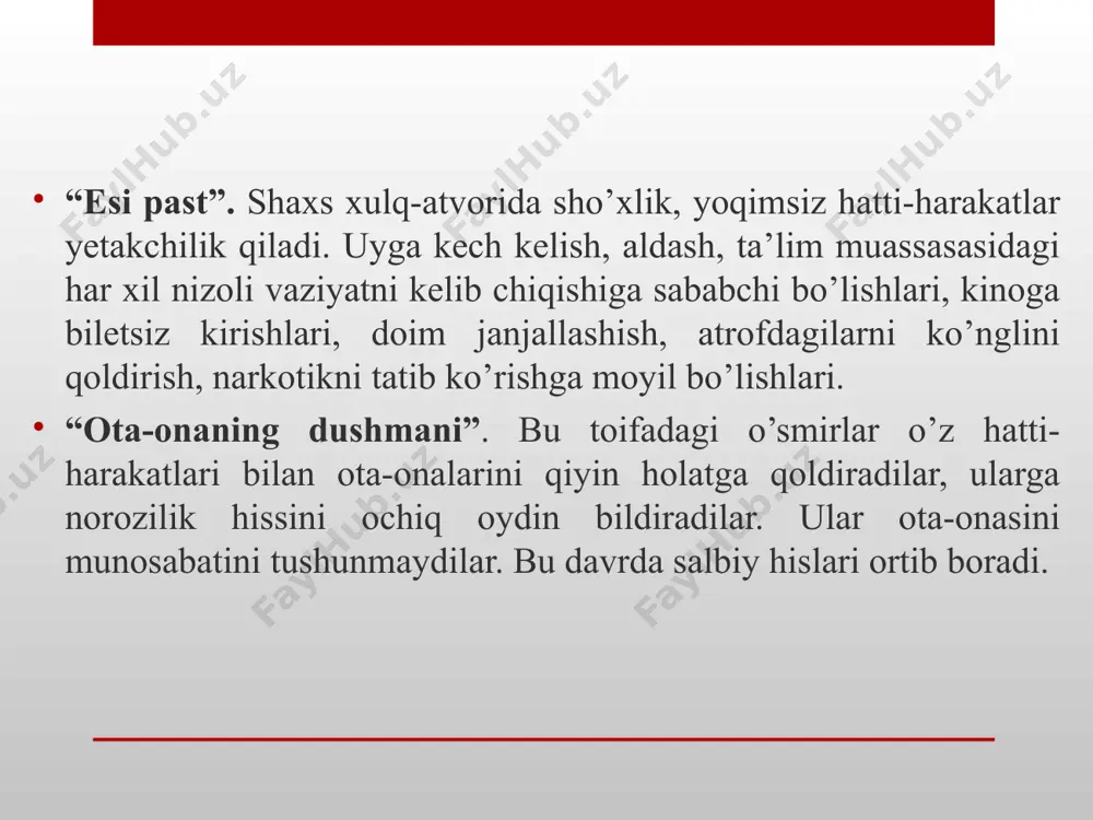 va shuning uchun ba'zan bolaga shafqatsiz munosabatda bo'lishadi. aloqalar beqarorlik bilan tavsiflanadi. ajratilgan ota-onaning pozitsiyasi o'ta beqaror, bola bilan munosabatlarda to'liq dialogning yo'qligi, bolaga katta e'tibor va unga bo'lgan katta bog'liqlik fonida umid va talablarning kuchayishi. rad etuvchilar ushbu guruhning ota-onalari boladan ajralgan, uning muammolarini o'rganishni, unga e'tibor berishni yoki o'zgarishlarni sezishni xohlamaydilar. hissiy munosabat aniq ifodalanmagan, rad etish elementi ustunlik qiladi. bolaning his-tuyg'ulari va his-tuyg'ulari doirasi ular uchun yopiq, ular o'z farzandlarini yaxshi tanimaydilar, lekin ularning bola haqidagi g'oyalari juda adekvatdir. deviant xatti-harakatlar nima? deviant xulq-atvor. jamiyatning muhim qismi tomonidan qabul qilingan mavjud norma yoki me'yorlar to'plamiga mos kelmaydigan ijtimoiy xatti-harakatlar. zamonaviy sotsiologiyada tan olingan deviant xulq-atvorning tipologiyalaridan biri r.merton tomonidan anomiya natijasida deviatsiya g'oyasiga muvofiq ishlab chiqilgan. robert king merton tomonidan deviant xatti-harakatlar tipologiyasi jamiyat maqsadlari bilan kelishishni va ularga erishishning umume'tirof etilgan usullarini rad etishni nazarda tutuvchi innovatsiyalar ("novatorlar" shantajchilar, "moliyaviy piramidalar" yaratuvchilari, buyuk olimlarni o'z ichiga …