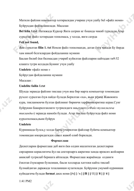 а ризирв жойлар саклаш кераклигини курсатади; / i дескетни бир томонлама форматлаш зарурлигини билдиради; / 8 хар бир йулакчада 8 тадан сектор хосил килиш кераклигини курсатади.агар бу параметр курсатилмаса,у холда 9та секторли килиб форпматланади; махсус дискетлар учун юкори зичликда форматлаш кераклигини курсатади. юкори зичликда форпматлаш диск хажмини 1,2 мб гача келтириш мумкин.бу,албатта одатдаги 3.5 дюймли дескетлар учун уринлидир. кушимчалар сифатида яна куйидагиларга эьтибор бериш керак u / форматлашдан сунг олдинги ёзувлар батамом учиб кетишинеи ва кайта тикланмаслигини билдиради; / q диск (дескетни) ни кайтадан тезрок форматлаш учун ишлатилади. аммо бундай параметр (калит) билан ишлаганда форматлаш дастури нуксонли, яроксиз секторларни курсатмайди. форматлаш жараёни фувафакиятли утса у холда компьютер томонидан экранга дискнинг ном белгисини куйиш хакидаги хабар чикади: volum label (11сharacters enter format) белгисиз ишлашг учун enter босилади. белгига оид хабарлардан сунг экранга форматланган деск хакидаги хабар чикади. булардан ташкари,махсус буйруклар ёрдамимда файлларни ташкел килиш, мониторда куриш, чоп этиш, нусха олиш, кучиришг, …