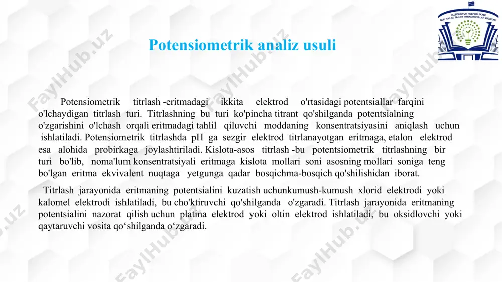 uchun: 1)avvalo byuret tozalanib, ichiga 0.1 m naoh eritmasi quyildi. byuretdagi havo pufakchalari chiqarib tashlanadi.byuretka disstillangan suvda yaxshilab yuviladi. 2) konussimon kolbaga 25 ml 0.1 m sirka kislotasi eritmasi quyiladi va unga 2–3 tomchi indikator yoki bevosita ph o‘lchov elektrod tushiriladi. 3) kolba magnit aralashtirgich ustiga joylashtirilib, titrlash jarayonida eritma doimiy aralashtirib turiladi. 4) byuretkadan naoh eritmasi asta-sekin kislotali eritmaga qo‘shiladi. har bir qo‘shilgan hajmdan so‘ng ph qiymati yoki potentsial o‘zgarishi qayd qilinadi. 5) naoh qo‘shilishi davom ettirilib, ekvivalent nuqta yaqinlashganida qo‘shilayotgan asos hajmi yanada kichik miqdorda beriladi va ph o‘zgarishlari aniq kuzatiladi. 6) ekvivalent nuqtadan o‘tganidan so‘ng titrlash to‘xtatiladi va barcha olingan natijalar jadvalga kiritiladi. 7) olingan ma’lumotlar asosida titrlash egri chizig‘i (ph ga qarshi naoh hajmi) chiziladi va ekvivalent nuqta aniqlanadi. e’tiboringiz uchun rahmat !!! xato va kamchiliklari uchun uzr …