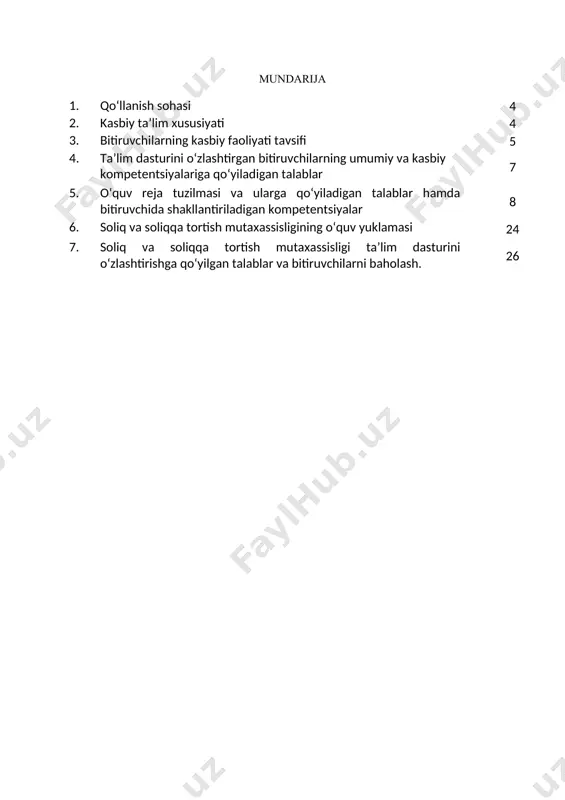 shi; kasbiy faoliyatning tegishli sohasida yanada yuqoriroq malakaga erish maqsadida oliy ta’lim muassasasida o‘qishni davom ettirishi mumkin. 2.4. o‘qishga qabul shartlari. o‘qishga qabul shartlari amaldagi qonunchilik asosida amalga oshiriladi. 3. bitiruvchilarning kasbiy faoliyati tavsifi 3.1. bitiruvchining kasbiy faoliyat sohasi: xo‘jalik yurituvchi sub’yektlarning xo‘jalik mablag‘lari va ularning tashkil topish manbalarini hisobga olish, xo‘jalik jarayonlarini amalga oshirish va hujjatlashtirish, buxgalteriya ma’lumotlarini qayta ishlash, tahlil va nazorat qilish, byudjet va byudjetdan tashqari mablag‘lar bilan hisob-kitoblarni amalga oshirish, soliq hisobini yuritish, moliyaviy hisobotlarni tayyorlash va taqdim qilish, moliyaviy holatini baholash. 3.2. bitiruvchining kasbiy faoliyat ob’yektlari: buxgalter va auditor kvalifikatsiyasi bo‘yicha: xo‘jalik yurituvchi sub’yektlarning xo‘jalik mablag‘lari va ularning tashkil topish manbalari; xo‘jalik jarayonlari; xo‘jalik jarayonlarining natijalari; moliyaviy-iqtisodiy axborotlar; soliq haqida ma’lumotlar; moliyaviy hisobotlar. 3.3. 50410101– buxgalteriya hisobi va audit kasbi bo‘yicha ta’lim oluvchi quyidagi faoliyat turlariga tayyorlanadi: buxgalter va auditor kvalifikatsiyasi bo‘yicha: xo‘jalik yurituvchi sub’yektlarning buxgalteriya hisobini belgilangan me’yoriy-huquqiy hujjatlar asosida yuritish. xo‘jalik jarayonlarini hisobga …