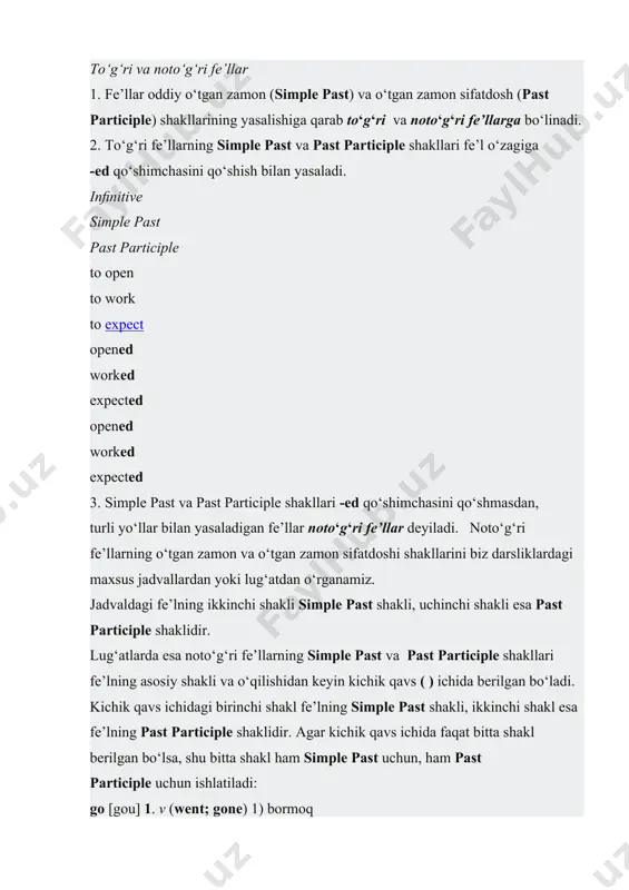mustaqil ma’noga ega bo‘lib, gapda yakka o‘zi sodda kesim bo‘lib keladi: he speaks french. u fransuzcha gapiradi. they returned yesterday. ular kecha qaytib kelishdi. 3. yordamchi fe’llar (auxilliary verbs) mustaqil ma’noga ega bo‘lmasdan, fe’lning murakkab shakllarini yasashda yordam beradi. ularga quyidagi fe’llar kiradi: to be, to have, to do, shall (should), will (would): she is working in the garden. u bog‘da ishlayapti. i have read the book. men kitobni o‘qib chiqdim. i do not know it. men buni bilmayman. he will speak to his friend. u do‘sti bilan gaplashadi. 4. bog‘lovchi fe’llar (link verbs) ot-kesim yasashda bog‘lovchi bo‘lib keladi. eng ko‘p ishlatiladigan bog‘lovchi fe’l to be fe’lidir: he is an engineer. u — muhandis. the box was heavy. quti og‘ir edi. 5. modal fe’llar (modal verbs) fe’lning asosiy shakli (inﬁ nitive) bilan birga keladi va asosiy fe’l ifodalagan ish-harakatning sodir bo‘lish imkoniyatini, ehtimolligini, zaruratini, xohishni bildiradi. ularga can, may, must, …