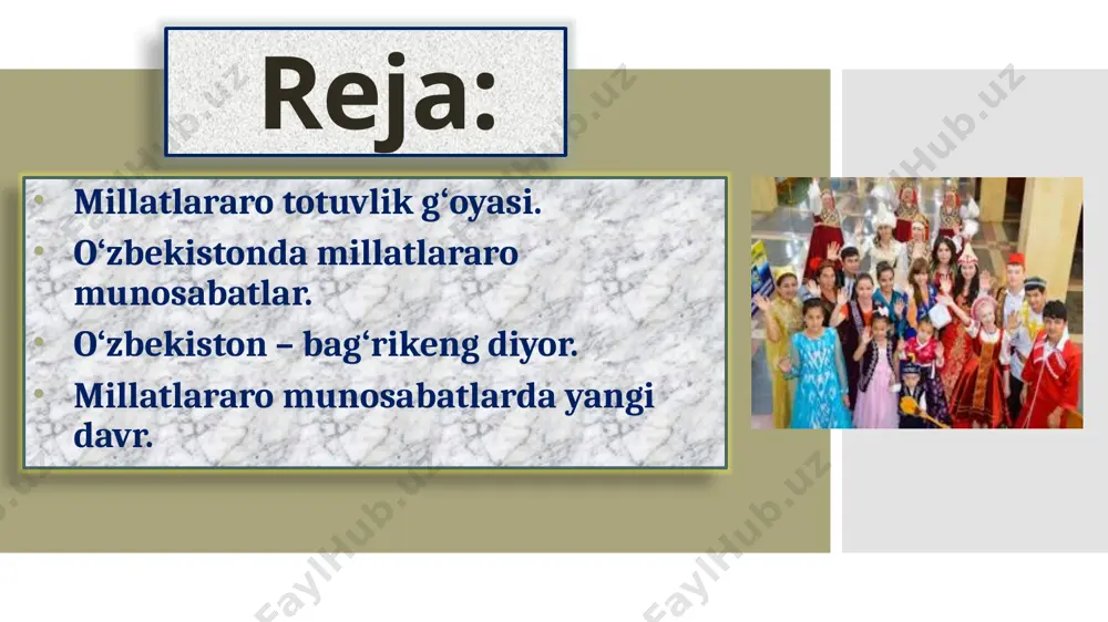 arning «sayil» bayramlari, xitoylarning «chunuze» yangi yili, koreyslarning «soller» va «ovol – tano» bayramlari nishonlanmoqda. «soller» «chunuze» «ovol – tano» «sayil» «maslennitsa» «sabanto‘y» har yili respublikamiz miqyosida «biz yagona oila farzandlarimiz», «vatan yagonadir, vatan bittadir», «o‘zbekiston umumiy uyimiz» shiori ostidagi festivallar o‘tkazilmoqda. o‘zbekiston hududida o‘z madaniyati va o‘z an’analariga ega bo‘lgan 130 dan ortiq millat va ellat vakillari yashaydi. ular ham mamlakatning barcha fuqarolari qatori bir xil huquq va majburiyatlarga ega. o‘zbekistonda millatlararo munosabatlar. o‘zbekiston aholisining 80 % ini o‘zbek, 4,9 % ini tojik, 3,8 % ini rus, 3,6 % ini qozoq va 7,7 % ini boshqa turli millatlarga mansub kishilar tashkil etadi. dastlabki milliy-madaniy markazlar koreyslar, qozoqlar, yahudiylar, armanlar tomonidan respublika viloyatlarida 1989-yilda tashkil etilgan. o‘zbekistonda yashovchi turli millat vakillarining madaniy ehtiyojlarini qondirish uchun milliy-madaniy markazlari (mmm) faoliyat yuritadi. agar 1992-yilda 10 ta milliy-madaniy markazlar ish olib borgan bo‘lsa, hozirga kelib esa, mamlakatda 138 ta milliy-madaniyat markazlari faoliyat yuritmoqda. …