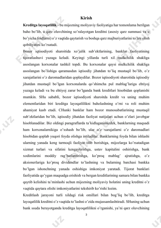 uratinii tug’dirdi, bunda buxgalteriya balansining yangi tahlilini yuritish asosiy o’rinni egallaydi. balansdagi aktiv va passivlarni qabul qilingan moddalar bo’yicha guruhlashtirilishi, to’lov qobiliyati va kreditga layoqatlilikni etarli darajada chuqurroq tahlil qilish imkonini beradi. bank risklarini kamaytirish va uning daromadini oshirishda kredit jarayonini tug’ri tashkil qilish, mijozning kreditga layoqatliligini aniqlash muhim o’rin tutadi. mijozga berilgan kredit o’z vaqtida qaytib kelishini xohlaydigan bank avvalambor mijozning kredit zayavkasi va uning kredit tarixini mukammal o’rganib chiqishi lozim. bu jarayon bank riskini oldini olishning ilk bosqichi hisoblanadi. qarz oluvchining kreditga layoqatliligini o’rganish va kredit berilgandan keyin kredit monitoringini muntazam olib borish bank riskini kamaytirish va uning daromadini oshirishning navbatdagi bosqichlaridan biri hisoblanadi. ma’lumki, kreditlash jarayonini tashkil qilish kredit arizasini ko’rib chiqishdan boshlanadi. amaliyotda kredit arizalarini ko’rishda nimalarga e’tibor berish zarurligini ta’kidlab utish joiz. har bir mijozga chuqur e’tibor bilan munosabatda bo’lish, har bir bank xodimining faoliyat ko’rsatish qoidalarining ajralmas qismi bo’lishi kerak. odatda o’z mijozlariga e’tibor …
