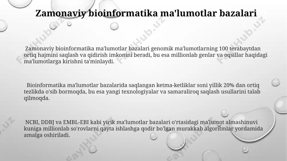 ga ta'sir qiladi. taxminan 100 million dan ortiq ketma-ketliklarni saqlaydigan ncbi, ddbj va embl/ebi o'rtasidagi asosiy farqlardan biri ularning ma'lumotlarni yangilash chastotasi va yangi ma'lumotlar qo'shish tezligidadir, bu esa ma'lumotlarning dolzarbligini belgilaydi. uniprot ma'lumotlar bazasi uniprotkb/swiss-prot, yuqori darajada annotatsiyalangan va qo'lda tekshirilgan ma'lumotlar to'plami bo'lib, taxminan 560 000 ga yaqin oqsil haqida batafsil ma'lumot beradi. uniprot ma'lumotlar bazasi 55 milliondan ortiq oqsil ketma-ketligi haqida ma'lumotlarni, shu jumladan, ularning funksiyalari, tuzilmalari va evolyutsion munosabatlarini o'z ichiga oladi. uniprot ma'lumotlar bazasi, blast kabi izlanish vositalari orqali, oqsil ketma-ketliklarini izlash va tahlil qilish imkonini beruvchi, keng qamrovli va bepul resurs hisoblanadi. kelajakdagi istiqbollar katta ma'lumotlar (big data) texnologiyalari yordamida 500 terabaytdan ortiq genetik ma'lumotlarni tahlil qilish va samarali qidiruv tizimlari yaratish imkoniyati paydo bo'ladi. kelajakda bioinformatika ma'lumotlar bazalari integratsiyasi yanada chuqurroqlashadi, 1000 dan ortiq turli xil genomlarni o'z ichiga olgan ulkan, birlashtirilgan resurslarni yaratishga olib keladi. sun'iy intellekt va mashinaviy o'rganish algoritmlarini qo'llash …