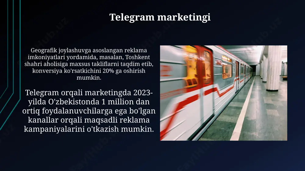 hni rejalashtirmoqda. telegramning kelajagi yaqin 5 yilda 2 milliarddan ortiq foydalanuvchiga ega bo'lishi va dunyoning 100 dan ortiq mamlakatida etakchi messenjerga aylanishi kutilmoqda. telegram platformasi nima? telegram, 2013-yilda rossiya va germaniyada yaratilgan boʻlib, 2 gb gacha boʻlgan fayllarni yuborish, kanallar orqali ommaviy axborot tarqatish va maxfiy chatlar orqali xavfsiz muloqot qilish imkoniyatlarini taqdim etadi. platforma, shifrlash texnologiyalari yordamida xabarlarning maxfiyligini taʼminlaydi va dunyoning 200 dan ortiq mamlakatida foydalanuvchilarga tezkor va ishonchli aloqa vositasi vazifasini oʻtaydi. telegramning asosiy xususiyatlari platformaning ochiq manbali apisi tufayli dunyo boʻylab 10000 dan ortiq turli xil botlar mavjud boʻlib, foydalanuvchilarga keng imkoniyatlar yaratadi. telegram 200 dan ortiq mamlakatda 700 milliondan ziyod foydalanuvchilarga ega boʻlib, tezkor va xavfsiz xabar almashish imkoniyatini taqdim etadi. e'tiboringiz uchun rahmat @taqdimot_robot image1.jpg image2.jpg image3.jpg image4.jpg image5.jpg image6.jpg image7.jpg image8.jpg image9.jpg image10.jpg image11.jpg image12.jpg image13.jpg image14.jpg image15.jpg image16.jpg image17.jpg