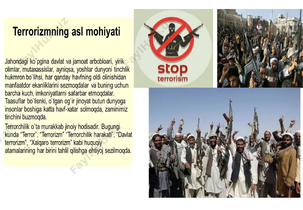 ulmon olami uchun muhim va mutlaqo yangi yoʻnalish — “maʼrifatli islom” gʻoyasiga asos soladi”, - dedi vladimir norov. 1.terrorchilik aktlarini o’tkazishda qo’llaniladigan vositalar nimalar. 2. terrorchilikka qarshi kurash maqsadlar nimalar 3. terrorchilik xolati sodir etilganda axolini xatti-harakati nimalardan iborat. 4. ta’sir ko’rsatish ob’ektlari qaysilar nazorat savollari: 1. tojboyev m, nigmatoy i, ilxomov m. "favqulodda vazlyatlar va fuqaro muhofazasi". o'quv qo'llanma. t ,2002 2. sofiyev s. “xayot faoliyati xavfsizligi” o’quv qo’llanma andijon 2020 3. qudratov o.q. va g’aniyev t. favqulodda vaziyatlarda fuqaro muhofazasi. toshkent, yangi asr avlodi”, 2005. foydalangan adabiyotlar. image1.jpeg image2.jpeg image3.jpeg image4.jpeg image5.jpeg image6.jpeg image7.jpeg image8.jpeg image9.jpeg image10.jpeg image11.jpeg image12.jpeg image13.jpeg image14.jpeg image15.jpeg image16.jpeg image17.jpeg image18.jpeg image19.jpeg image20.jpeg image21.jpeg image22.jpeg /docprops/thumbnail.jpeg