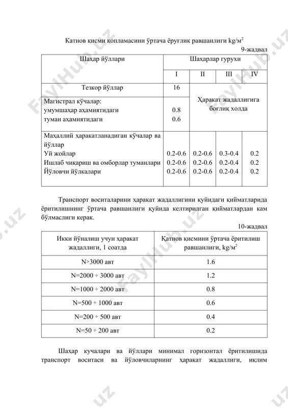 порт воситалари ва йўловчиларнинг ҳаракат жадаллигига боғлиқ. 11-жадвал транспорт воситаларини ҳаракат жадаллиги, 1 соатда минимал ёритилиши, лк n 3000 авт 10 n=2000 3000 авт 8 n=500 2000 авт 4 n 500 авт 2 электор энергиясини тежаш мақсади кўчаларга ўрнатилган чироқларни 1/3, ярми ёки 2/3 қисми ўчирилади. йўлни қатнов қисмини энига боғлиқ холда белгиланган ёритилиш ёруғлиги чироқлар устуни бир, икки, уч ва тўрт қатор бўлиб жойлаштирилди, 45-расм чорраҳадаги ёриткичларнинг жойлашуви шаҳар кўчалари чоррахаларида чироқларни жойлашуви .....расмда йўл қатнов қисмини кўндаланг йўналишдаги ёритилишини тенг тақсимланиши мақсадида чироқни ўрнатилиш баландлиги 6 метрдан 15 метргача. шаҳар йўлларида бир қатор жойлаштирилган чироқлар орасидаги масофа ўртача 25-30 м бўлиб белгиланади. шаҳар кўчаларини кўкаламзорлаштириш учун дарахт ва буталар турлари танлашда, яшил тасмалар кенглигини, уларнинг вазифаси, жойнинг иқлим ва гидрогеологик шароитлари ва эстетик мулохозаларни этиборга олинади. шаҳар йўлларидаги ажратувчи тасмалар йўлларни кўкаламзорлаштиришдаги асосий элементларидир. улар транспорт воситалари ва йўловчиларни ҳаракатини ташкил этишни яхшилаш, хавфсиз ҳаракатланишни таъминлаш билан бирга …