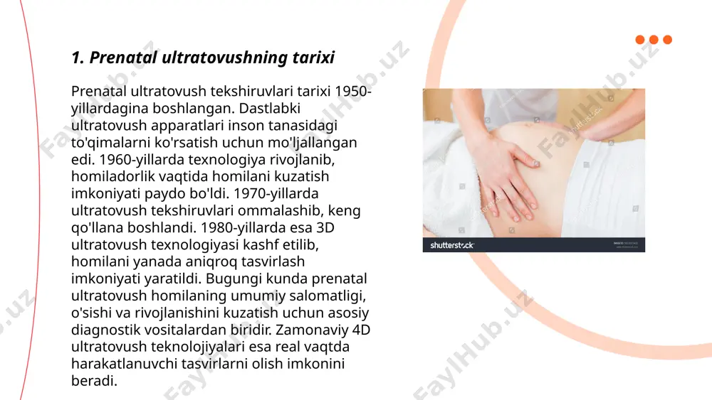 h uchun homiladorlikning ilk bosqichlarida skrining testlari o'tkaziladi. odatda homiladorlikning 11-14-haftalari oralig'ida ultratovush tekshiruvi va qon tahlili qilinadi. bu testlar daun sindromi kabi genetik anomaliyalarni aniqlash imkonini beradi. shuningdek, chorion villus biopsiyasi (cvs) va amniyosentez usullari ham qo'llaniladi. amniyosentez taxminan 15-20-haftalarda o'tkazilib, bola suyuqligi tahlil qilinadi. homilaning anomaliyalarini aniqlashda samarali bo'lishi uchun bu usullar 85-90% aniqlikka ega. erta tashxis imkoniyati anomaliyalarni boshqarish va bolaga qo'shimcha yordam ko'rsatish uchun zarurdir. ... t.me/slaydai_bot 7. uch o'lchamli va to'rt o'lchamli ultratovush texnologiyalari 7 o'lchamli va 4 o'lchamli ultratovush texnologiyalari tibbiyotda diagnostika metodlaridan biri sifatida qo'llaniladi. 4 o'lchamli ultratovush tasviri vaqt davomida uch o'lchamli tasvirlarni yaratadi, bu real vaqt rejimida ishlaydi. bu usul homila rivojlanishini kuzatishda keng qo'llaniladi. 7 o'lchamli ultratovush esa odatda yanada kompleks tahlillar uchun ishlatiladi va ko'proq ma'lumot berishi mumkin. 4 o'lchamli ultratovush asosan homiladorlik vaqtida, yurak va qon tomirlari kasalliklarini aniqlashda, 7 o'lchamli texnologiya esa zamonaviy ilmiy izlanishlarda, onkologiyada va …