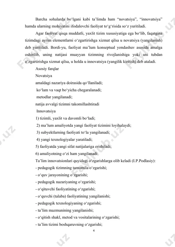 irilgan mahsulot yaratishdan iborat. pedagogning innovatsion faoliyati: yangilikni qo‘llashga tayyorgarligi; pedagogik yangiliklarni qabul qilishi; novatorlik darajasi; kommunikativ qobiliyatning rivojlanganligi; ijodkorligi bilan belgilanadi. innovatsion faoliyat pedagogning ruhiy, aqliy, jismoniy kuchini ma’lum maqsadga yo‘naltirish asosida nazariy bilim, amaliy ko‘nikma va malakalarni egallash, amaliy faoliyatni nazariy bilimlar bilan to‘ldirib borish, bilish, loyihalash, kommunikativ nutq va tashkilotchilik mahoratini rivojlantirishni talab etadi. v.slasteninning fikriga ko‘ra innovatsion yondashuv: - ijodiy faollik; - faoliyatga yangilik (o‘zgartirish) kiritishga texnologik va metodologik jihatdan tayyorgarlik; - yangicha fikrlash; - yuksak muomala madaniyatiga ega bo‘lishni ifodalaydi. m.jumaniyozovaning e’tirof etishicha, pedagogik innovatsion faoliyati quyidagi belgilar asosida namoyon bo‘ladi: - ijodiy faoliyat falsafasini egallashga intilish; - pedagogik tadqiqot metodlarini egallash; - mualliflik konsepsiyalarini yaratish qobiliyati; - tajriba-sinov ishlarini rejalashtirish va amalga oshira olish; - o‘zidan boshqa tadqiqotchi-pedagoglar tajribalarini qo‘llay olish; - hamkasblar bilan hamkorlik; - fikr almashish va metodik yordam ko‘rsata olishlik; - ziddiyatlarning oldini olish va bartaraf etish; - yangiliklarni izlab topish …