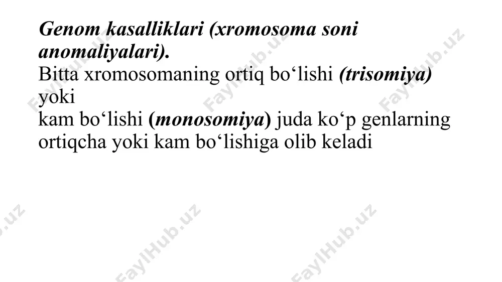 sida kelib chiqadi. populyatsiyada uchrash chastotasi. 1:5000-1:7000 tashqi ko’rinishi. *bolalar prenatal gipoplaziya bilan tug‘iladi, * mikrosefaliya, * skalp defekti, *mikro yoki anoftalmiya, * epikant, * ko‘z yorig‘ining tor bo‘lishi, *koloboma, *yuqori lab yoki tanglayning bir tomonlama yoki ikki tomonlama bitmay qolishi, *burunning puchuqligi, * mikrogeniya, * quloq suprasining past joylashishi va *deformatsiyalanishi, * bo‘yin kaltaligi, *oyoq va qo‘llarda polidaktiliya, * barmoqlarning fleksor holati, *tirnoqlarning ko‘ndalangiga egilganligi, *terida kapilyar gemangioma va boshqalar. koloboma skalp defekti edvards sindromi (e-trisomiyasi 1:5000-1:7000, jinslar orasidagi nisbat 1:3, qizlarda ko‘proq uchraydi. tashqi ko’rinishi. * skelet mushaklari va teri osti yog‘ kletchatkasi gipoplaziyasi, * dolixosefaliya, * ensaning turtib chiqqanligi, * quloq suprasining past joylashishi va deformatsyayalanganligi, * ko‘z yorig‘i kaltaligi, ptoz, epikant, mikroftalmiya, mikrosomiya va mikrogeniya , tanglayning balandligi, lab va tanglay bitmasligi, to‘sh suyagi kaltaligi, tirnoqlar gipoplaziyasi, gipertelorizm, bo‘yinning kaltaligi, oyoq panjasi 1-barmog‘ining kaltaligi, qo‘l barmoqlarining ustma-ust joylashishi, fleksor xolati. ichki a`zolar nuqsonlari. mns- miyacha gipoplaziyasi, …