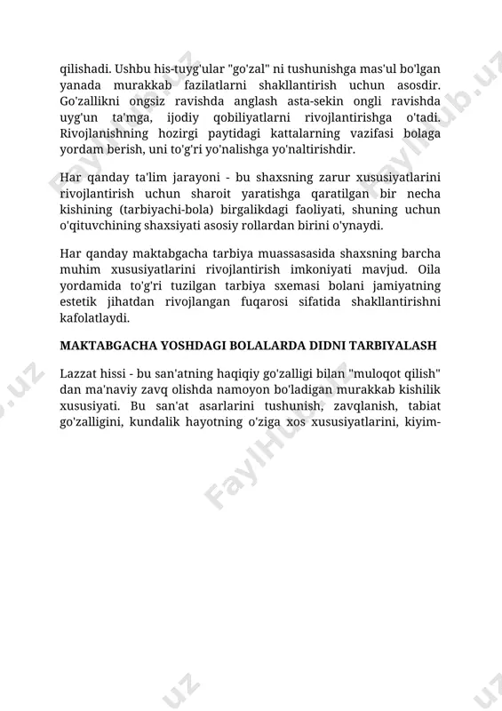 f-muhit, tabiat; · kundalik hayot estetikasi. kundalik hayot estetikasi tarbiyaning birinchi vositasidir maktabgacha tarbiya muassasasidagi tozalik, tartib nafaqat sanitariya-gigiyena me'yorlarini saqlash bilan bog'liq. bu tarbiyaning muhim qismidir, bolaning o'zi atrofidagi olam go'zalligini yoshligidanoq anglay boshlashiga yordam beradi. atrofida ko'rgan hamma go'zal narsalarni saqlab qolish istagi bor. shu sababli, muassasaning barcha binolarini stilistik jihatdan izchil ravishda loyihalashtirish yaxshiroqdir. har qanday bolalar bog'chasi va boshqa binolarning guruhlarida boshqa bolalarning rasmlari, qo'l san'atlari, xalq amaliy san'ati asarlari bo'lishi kerak. binolarni bezashda quyidagi tamoyillarni yodda tutish tavsiya etiladi: · vaziyatni amaliy asoslash; · poklikka rioya qilish; · rang-baranglik; · bolaning o'zi yoqtirgan elementni tezda topishi uchun zarur bo'lgan dizayndagi kontrast; · barcha elementlarni bitta ansambl sifatida birlashtirish. badiiy asarlar ta'limning eng muhim vositasidir san'at maktabgacha yoshdagi bolalarni axloqiy va estetik tarbiyalashning bitmas-tuganmas vositasidir. bu bizni go'zallikni qadrlashga, mehribon va ehtiyotkor bo'lishga o'rgatadi. jahon va milliy san'at durdonalari bilan aloqaning natijasi - bu bolaning ma'naviy …
