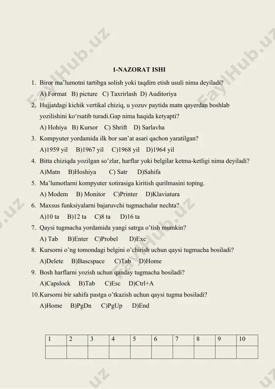 ataladi. a)done b)bukmark c)print d) reolad 9. internet orqali foydalaniladigan veb-saytlar kabi fayllarni saqlaydigan kompyuter a)server b) network c)kompyuter sieans d)desktop 10. web-sayt yoki elektron xabardagi biror soʻz yoki tasvir. uning ustiga bosganda, boshqa veb-sahifaga olib oʻtadi. bu nima deyiladi? a)giper havola b)gipermatn c) silka d)havola 11. bir mamlakat hududidagi barcha foydalanuvchilarni birlashtiruvchi tarmoq turi bu…? a)lokal b)mahalliy c)global d)ichki va tashqi 1 2 3 4 5 6 7 8 9 10 11 4-nazorat ishi 1. 1979 yil nayes kompaniyasi qanday qurilma yaratgan? a)kolonka b)modem c)adapter d)naushnik 2. analog ko’rinishdan raqamli ko’rinishga o’tkazuvchi qurilma nima deyiladi? a)demodulyator b)modulyator c)modem d)telefaks 3. birinchi web-brauzerni cern xodimi tim berners li nechinchi yilda ishlab chiqqan? a)1991 b)1989 c)1992 d)1990 4. www xizmatidan foydalanish dasturlari nima deb ataladi? a)url b)domen c)brauzer d) web sahifa 5. elektron pochta xizmatini alohida elektron pochta bilan ishlovchi kompyuter dasturi (email client) orqali emas, balki oddiy veb-brauzer orqali foydalanilishini …