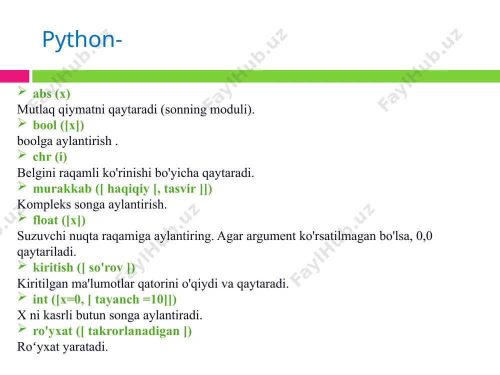 rga allaqachon o'z qiymatlari tayinlanadi. parametrlar funktsiyani e'lon qilishda qavs ichida ko'rsatiladi va vergul bilan ajratiladi. biz funktsiyani chaqirganimizda xuddi shunday qiymatlarni o'tkazamiz. misol funksiyasi: mahalliy o'zgaruvchilar funktsiya ichida mahalliy o'zgaruvchi yaratiladi . orqadagi ko'rsatmalar funktsiyadan tashqarida, ular unga kirish imkoniga ega emaslar. turli funktsiyalar mahalliy bo'lishi mumkin bir xil nomli o'zgaruvchilar, chunki funktsiyalar mahalliy o'zgaruvchilarni ko'rmaydi bir-biriga, bir-birini, o'zaro. funktsiya ichidagi o'zgaruvchiga qiymat berilganda, natija yaratiladi mahalliy o'zgaruvchi. u yaratilgan funktsiyaga va shunday o'zgaruvchiga tegishli faqat ushbu funktsiyadagi ko'rsatmalarga kirish mumkin. agar bitta funktsiyadagi bayonot mahalliy o'zgaruvchiga kirishga harakat qilsa boshqa funktsiyaga tegishli bo'lsa, xatolik yuz beradi. mahalliy o'zgaruvchilar o'zgaruvchining qamrovi dasturning o'zgaruvchiga kirish mumkin bo'lgan qismidir o'zgaruvchilar funktsiya ta'rifi ichida e'lon qilinganda, ular funktsiyadan tashqaridagi bir xil nomdagi boshqa o'zgaruvchilar bilan hech qanday aloqasi yo'q - ya'ni. o'zgaruvchilar nomlari funksiya uchun mahalliy hisoblanadi. bu o'zgaruvchan doira deb ataladi . barcha o'zgaruvchilar doirasi nom e'lon qilingan nuqtadan boshlab, ular …