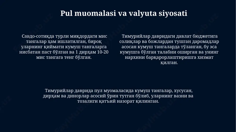 larning taqdiri kabi jihatlarni hisobga olgan qoidalar mavjud bo‘lgan. temur davri fuqarolik qonunchiligida nikoh 15 yoshdan katta bo‘lganlar uchun ruxsat etilgan va erkaklarning bir nechta xotin olishi mumkin edi, lekin bu holatlar qat’iy tartibga solingan. nikoh shartnomalari yozma shaklda rasmiylashtirilgan va meros taqsimotiga, ayolning mulkiy huquqlariga oid aniq bandlarni o‘z ichiga olgan. din va ma'naviyatga oid qoidalar маънавий тарбияга оид қонунларда одоб-ахлоқ, адолат, саховат ва меҳр-оқибат каби фазилатлар тарғиб этилиб, жамиятдаги ҳаётнинг маънавий томонларини мустаҳкамлашга қаратилган 7 та асосий йўналиш белгиланган. диний ва маънавий қонунлар бузилишига нисбатан жазо чоралари аниқ белгиланиб, 30 дан ортиқ турли жиноятлар ва уларга нисбатан тегишли жазолар, шу жумладан, жарима ва қамоқ жазолари айтилган. тимурийлар давридаги диний қонунлар 15 та бобдан иборат бўлиб, уларда исломнинг асосий тамойиллари, жумладан, намоз ўқиш, закот бериш ва ҳаж сафари кабилар батафсил баён этилган. yer egaligi va mulkchilik munosabatlari тимурийлар даврида ер эгалик ҳуқуқининг 3 та асосий тури мавжуд эди: вақф, …