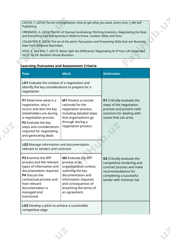 repare for a negotiation p1 determine what is a negotiation, why it occurs and who the key stakeholders are during a negotiation process. p2 evaluate the key steps and considerations required for negotiating and generating deals. m1 present a concise rationale for the negotiation process, including detailed steps that organisations go through during a negotiation process. d1 critically evaluate the steps of the negotiation process and present valid solutions for dealing with issues that can arise. d2 critically evaluate the competitive tendering and contract process and make recommendations for completing a successful tender with minimal risk. lo2 manage information and documentation relevant to tenders and contracts p3 examine the rfp process and the relevant types of information and documentation required. p4 discuss the contractual process and how relevant documentation is managed and monitored. m2 evaluate the rfp process in an organisational context, outlining the key documentation and information required, and …