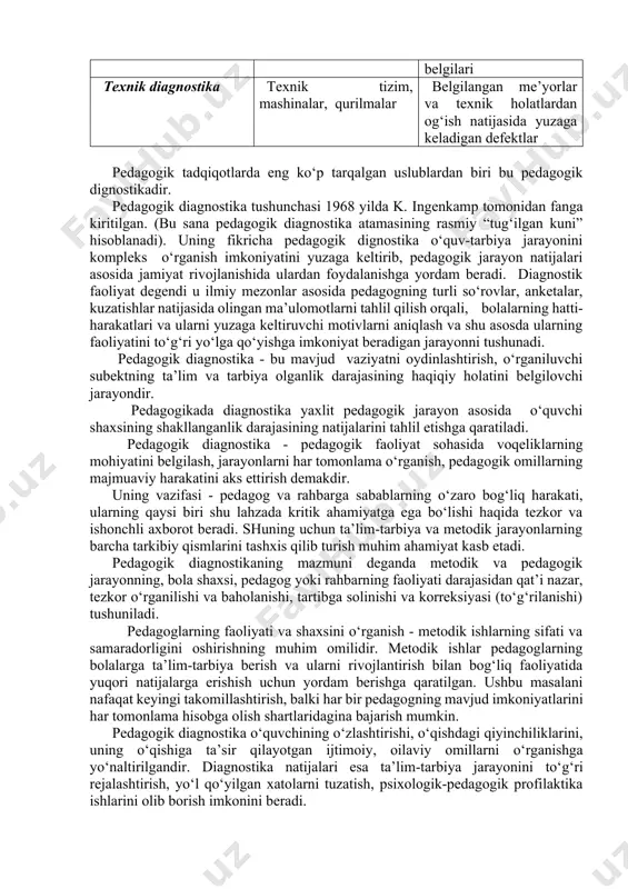korligi va ta’siri o‘zaro pedagogik ta’sir sub’ektlarining individual-shaxsiy munosabatlari psixologik diagnostika inson va uning psixologik tavsifi qobiliyatlar, shaxsiy motivatsiya, psixologik me’yordan og‘ish va x.k.z. ijtimoiy diagnostika inson jamiyatning bir qismi sifatida ijtimoiy jarayonlar kechishining umumiy tendensiyalari tibbiy diagnostika inson biologik tizim sifatida, bemor. inson organizmining me’yordan og‘ishish natijasidagi kasallik belgilari texnik diagnostika texnik tizim, mashinalar, qurilmalar belgilangan me’yorlar va texnik holatlardan og‘ish natijasida yuzaga keladigan defektlar pedagogik tadqiqotlarda eng ko‘p tarqalgan uslublardan biri bu pedagogik dignostikadir. pedagogik diagnostika tushunchasi 1968 yilda k. ingenkamp tomonidan fanga kiritilgan. (bu sana pedagogik diagnostika atamasining rasmiy “tug‘ilgan kuni” hisoblanadi). uning fikricha pedagogik dignostika o‘quv-tarbiya jarayonini kompleks o‘rganish imkoniyatini yuzaga keltirib, pedagogik jarayon natijalari asosida jamiyat rivojlanishida ulardan foydalanishga yordam beradi. diagnostik faoliyat degendi u ilmiy mezonlar asosida pedagogning turli so‘rovlar, anketalar, kuzatishlar natijasida olingan ma’ulomotlarni tahlil qilish orqali, bolalarning hatti-harakatlari va ularni yuzaga keltiruvchi motivlarni aniqlash va shu asosda ularning faoliyatini to‘g‘ri yo‘lga qo‘yishga …
