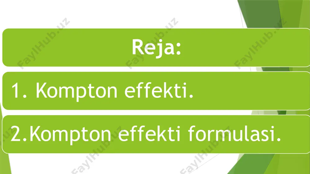foton chastotasi, c - yorug‘lik tezligi, m - massa, h esa plank doimiysi. fotonlarning elektronlarda elastik sochilishi natijasida fotonlar to‘lqin uzunligining o‘zgarishi hodisasiga kompton effekti deyiladi. elektronga tushayotgan rentgen nurlarining energiyasi elektronning atomdagi bog‘lanish energiyasidan katta bo‘lganda kompton effekti kuzatiladi. bunday holda elektron erkin deb hisoblanishi mumkin. rentgen nurlari elektron bilan elastik to‘qnashganda o‘z energiyasi va impulsining ma’lum qismini elektronga beradi. kompton effekti formulasi quyidagicha: 𝜆^′=𝜆+ℎ/(𝑚_0 𝑐) (1+cosѳ) (1) bu yerda m0 - elektron massasi, ℎ/(𝑚_0 𝑐) - yorug‘lik o‘lchovi hisoblanib elektron uchun kompton to‘lqin uzunligi deyiladi. tushgan fotonlar qaytishda ѳ-burchak ostida sochiladi. (1)-formula kompton tomonidan 1923-yil ishlab chiqilgan. kompton effekti formulasi quyidagicha: kompton effektidan suyak kasalliklari osteoporosisni diagnoz qilishda foydalanish diagnoz qilishda foydalanish mumkin. qisqa to‘lqinli gamma va rentgen nurlanishli radioaktiv moddalar suyakda sochiladi. sochilgan nurlanish intensivligi elektronlar zichligiga to‘g‘ri proporsional, elektronlar zichligi suyak zichligini bidiradi, suyak zichligining kamligi osteroporosis kasalligidan darak beradi. nazorat savollari. 1.kompton effektini kim o‘rgangan? …