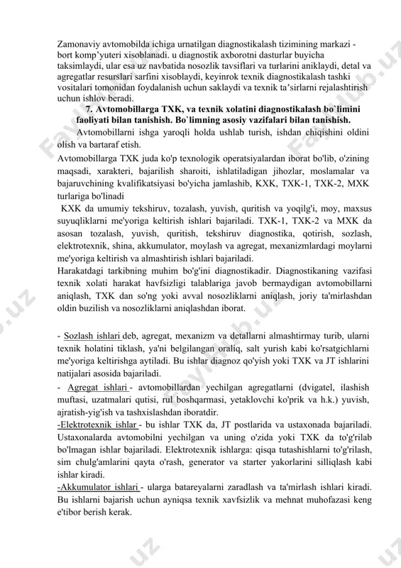 sexining ish joylarida slesar boʼlib, amaliyotda esa usto yoki texnologning yordamchisi boʼlib ishlaydi. talaba ish kunining davomiyligi u qaysi brigadaga yuborilgan boʼlsa, shu brigada ish kunining davomiyligiga mos kelishi kerak. talabalarning amaliyot oʼtish joyi bosh muxandis, mexanik va bosh ustoning boʼlimlari, txk va jt sexlari, ekspluatatsiya boʼlimi yoki navbatchi mexanik boʼlimlari boʼlishi mumkin. 5. korxonaaning bosh mexanigi va uning asosiy vazifalarini o`rganish. ushbu korxonaadagi bosh mexanikning asosiy vazifalari transport vositalarining texnik jihatdan malakali ishlashini tashkil etish, xavfsizlikni ta'minlashdir. yo'l harakati, avtomobil transporti, mexanizatsiya vositalarining texnik nazorati ishlab chiqarish jarayonlari kompaniyaning omborlarida. asosiy vazifalarni bajarish manfaatlaridan kelib chiqqan holda, bosh mexanik logistika va yuk tashish bo'limlari bilan hamkorlikda kompaniyaning transport siyosati asoslarini shakllantirishda ishtirok etadi, transport vositalarining sonini asoslash uchun asosiy direktorning qarorlarini hisobga oladi. ishlab chiqarish vazifalari va rivojlanish istiqbollari, transport vositalari va mexanizmlarga egalik (lizing) huquqlarini iqtisodiy jihatdan maqsadga muvofiq huquqiy rasmiylashtirish, korporativ avtomobil dasturini amalga oshirish, avtomobil va …