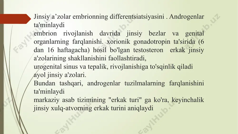 qaytariladi. radiatsiya terapiyasi yordamida onkologiyadan davolangan bolalarda vaziyat yanada murakkablashadi. ko'pincha bunday terapiya kasallikning boshlanishiga olib keladi gipogonadotropik gipogonadizm (konjenital ikkilamchi) quyidagi sabablarga ko'ra rivojlanishi mumkin: - gipotalamusning shikastlanishi - faqat reproduktiv tizim ta'sir qiladi, gonadotrop gormonlar etishmasligi - cullman sindromi - gonadtropinlar etishmovchiligi tufayli jinsiy a'zolar to'liq rivojlanmagan, hid hissi bo'lmasligi mumkin. - gipofiz mittiligi - o'ziga xos xususiyat mitti o'sishi 1,3 m dan kam bo'lib, ko'pincha bepushtlik bilan birga keladi. - maddok sindromi - jinsiy a'zolar rivojlanmagan, evnuxoidizm kuzatiladi, libido pasayadi, bepushtlik. periferik kasalliklar: a) maqsadli hujayralarning androgenlar ta'siriga sezgirligining pasayishi; b) testosteronning plazma oqsillari bilan bog'lanishining kuchayishi; jigarda androgenlarning destruktsiyasining kuchayishi. erkak gipogonadizmining namoyon bo'lishi u rivojlanadigan ontogenez davriga bog'liq balog'at yoshidan oldin gipogonadizm paydo bolishi mumkin bo'ladi: - moyak feminizatsiyasi sindromi (erkak psevdohermafroditizmidan kelib chiqqan irsiy). bu sindrom embriogenez davrida reproduktiv tizimning erkak turiga ko'ra differentsiatsiyasining buzilishidan kelib chiqadi; - zaif ifodalangan ikkilamchi jinsiy xususiyatlar; - …