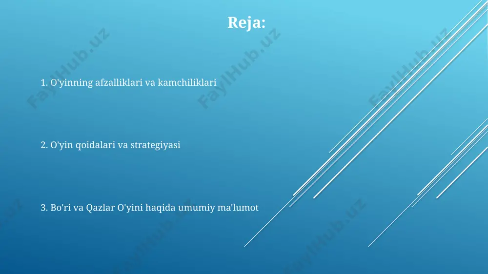 viloyatining turli hududlaridagi sotuvchilarda 100 dan ortiq “bo'ri va g'ozlar” o'yin to'plamlari mavjud bo'lib, bu o'yinning ijtimoiy mashhurligini va ommabopligini ko'rsatadi. o'yin davomida 3 ta g'ozning harakatini oldindan rejalashtirish va bo'rining harakatini bashorat qilish qobiliyati, bolalarda 7-10 yosh oralig'ida mantiqiy tafakkur rivojlanishiga ijobiy ta'sir ko'rsatadi. bo'ri va g'ozlar o'yinining o'zgarishlari "bo'ri va g'ozlar" o'yinining 19-asr oxiri, 20-asr boshlarida samarqand viloyatida o'zgartirilgan variantlari mavjud bo'lib, unda o'yinchilar soni 5 dan 10 gacha o'zgarib, qo'shimcha rollar kiritilgan. farg'ona vodiysidagi ba'zi qishloqlarda "bo'ri va g'ozlar" o'yinining maxsus versiyasida, g'ozlar 2 ta jamoaga bo'linib, har bir jamoa o'z strategiyasini ishlab chiqishi kerak edi, bu esa 7 yoshdan 12 yoshgacha bo'lgan bolalar uchun jamoaviy fikrlashni rivojlantirishga xizmat qilgan. toshkent shahrida tarqalgan bir variantda, bo'ri rolini bajaruvchi o'yinchi, 3 ta g'ozni emas, balki 5 ta g'ozni ushlashi kerak edi, bu esa o'yin strategiyasini sezilarli darajada murakkablashtirgan. o'yinning turli xil variantlari o'yinning yaponiya variantlarida, "kitsune va qushlar" …