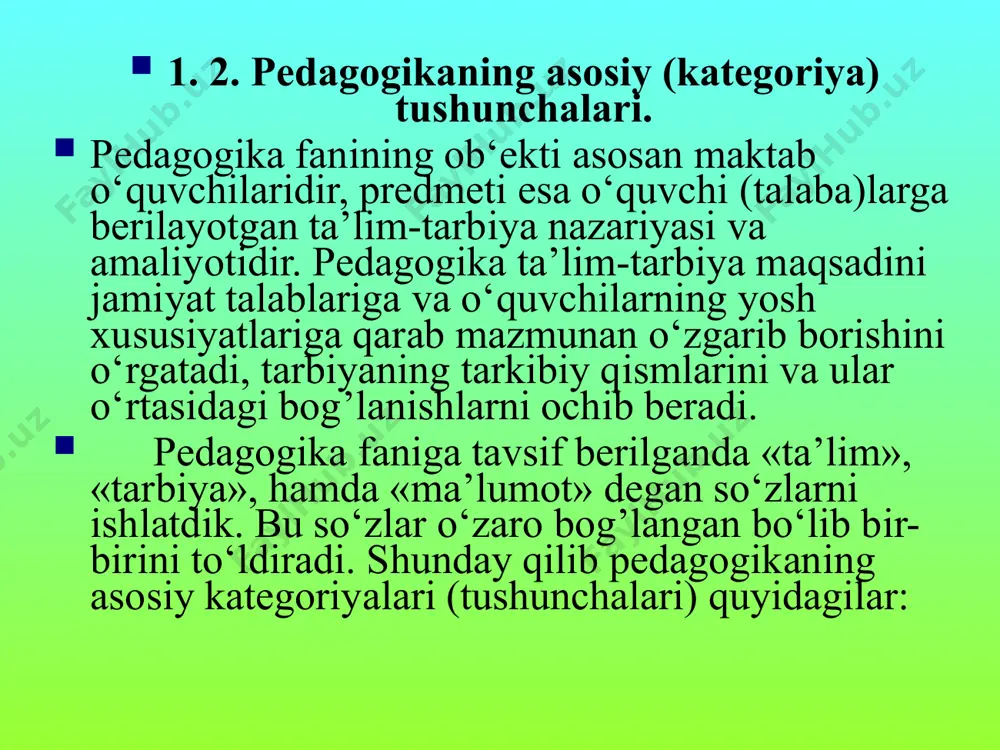 g’oziev e. psixologiya, -t:. «o‘qituvchi», 1994. 10. xo'jaev l., xakimova m., xoshimova m. pedagogika. darslik. –t.: tdiu, 2007. -183 bet 11. azizxo‘jaeva n.n. pedagogik texnologiya va pedagogik mahorat. -t.: 2003. 12. farberman b.l., musina r.g. oliy o'quv yurtlarida o'qitishning zamonavi usullari. o'quv qo'llanma. t.: 2002. – 123 bet. 13. podlasy i.p. pedagogika uchebnik dlya studentov vchshix uchebnx zavedeniy. uchebnoe posobie. –m.: vlados, 2007. -140 str. 14. http:// ppsy. ru 15. http:// www.iro.yar.ru