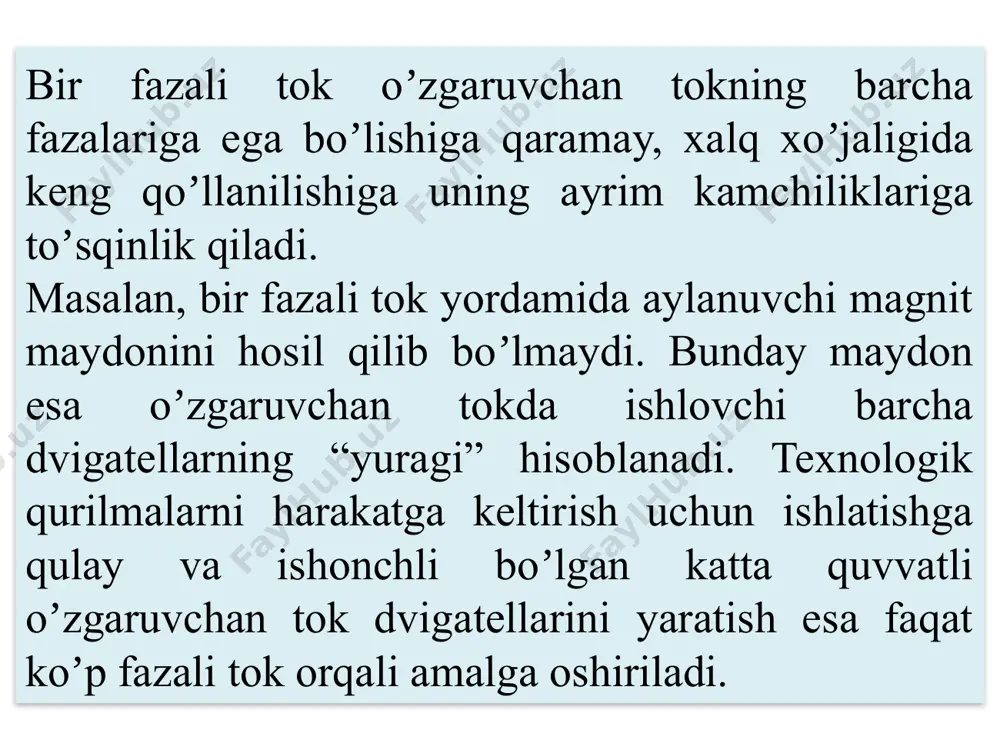 fazali eyuk, kuchlanish va tok sisteamsini hosil qilish chulgʼamlarning bosh uchlari harflari bilan belgilangan. har bir chulgʼam uch fazali generatorning alohida fazasi hisoblanadi. eyuk larning taʼsir etuvchi qiymatlari harflari bilan belgilanadi. rotor oʼzgarmas magnit (elektromagnit) dan yasalgan boʼlib, mashinaning asosiy magnit maydonini hosil qilish uchun hizmat qiladi. unga oʼralgan “uygʼotish chulgʼami” dan oʼtadigan tok yordamida rotorning magnit maydonini boshqarish mumkin. rotor oʼzgarmas burchak tezligi ω bilan aylanganda uning magnit kuch chiziqlari statorning har bir chulgʼamida (fazasida) elektromagnit induktsiya qonuniga koʼra, amplituda va chastotalari bir xil boʼlgan, ammo bir biridan faza boʼyicha 2π/3 ga (yoki t/3 davrda) farqlanuvchi quyidagi sinusoidal oʼzgaruvchan eyuk larni induktsiyalaydi: yuqoridagiga oʼxshash yoʼl bilan uch fazali kuchlanish va tok sistemasi uchun ham quyidagi ifodalarni yozish mumkin: shuningdek, grafikdan koʼrinadiki har bir faza eyuk lari oʼzlarining maksimumlariga t/3 davr oʼtib erishadi. shunga koʼra, eyuk vektorlari larning geometrik yigʼindisi quyidagicha (1-rasm, v) boʼlib, qirrali simmetrik yuldz shaklini tashkil etadi. …