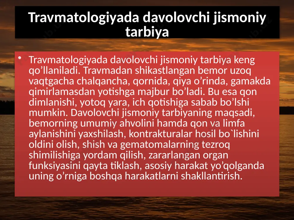 ’lib qolishining oldini olish, bitish jarayonlariga yordam berish, qon va limfa aylanishini kuchaytirishdan iborat. ikkinchi davr – shikastlangan organning deyarli to’liq bitishi, aylanma gips immobilizatsiyasini olinadiagn longeta bilan almashtirish. bu davrda davolovchi jismoniy tarbiyaning maqsadi hamma bo’g’imlarda harakatning normal hajmini tiklash, zararlangan organning funksiyasini yaxshilash, lozim bo’lgan hollarda yo’qotilgan malakalarning o’rnini bosuvchi yangi malakalar hosil qilishdan iborat. uchinchi davr – shikastlanishning qoldiq nuqsonlari (muskullarning zaifligi, funksiyalarning biroz buzilishi)dan iborat. bu davrda davolovchi jismoniy tarbiyaning asosiy maqsadi – qoldiq nuqsonlarning barchasini yo’qotish, turmushda va ishda zarur bo’lgan malakalarni qayta tiklash, chidamlilik, chaqqonlik, kuch – quvvat, harakatlarning aniq bo’lishini takomillashtirish va hokazo. mashqlar kompleksiga bir oz murakkabroq gimnastik mashqlar va amaliy ahamiyatga ega mashqlar qo’shilib, mehnat faoliyatiga tayyorgarlik ko’riladi. panja va barmoq suyaklari sinig’ini davolashda davo fizkulturasini shikastlanishning 2 – 3-kuni boshlanadi. shkastlangan qo’l-oyoqning immobilizatsiya qilinmagan bo’g’imlari harakatlantiriladi. qo’l kafti suyaklari singanda barmoqlarni kerish va birlashtirishga ko’p ahamiyat beriladi. barmoq suyaklari singanda …