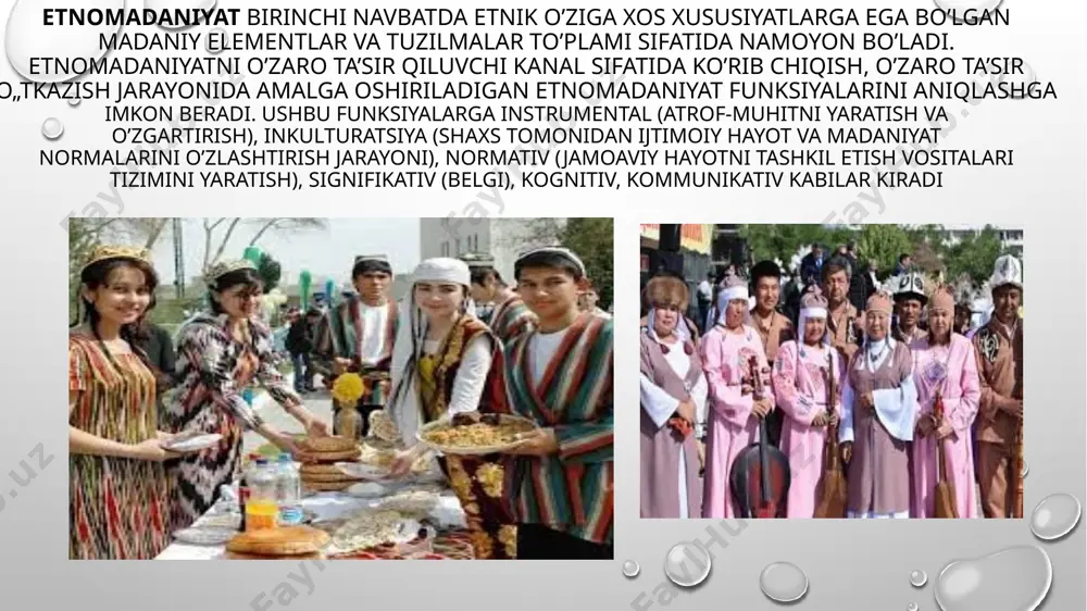 estetik asarlardan huzur olishgacha), kishilararo aloqalarni va jamiyatdagi iyerarxik bog„liqlikni ta’minlovchi muloqot (kommunikatsiya) – normativ funksiyalarni bajaradi. [9] albatta, etnomadaniyatni bunday podsistemalarga va funksiyalarga klassifikatsiya qilishda ma’lum bir ilmiy-nazariy konsepsiya, maqsadlardan kelib chiqiladi. bizning fikrimizcha, etnomadaniyatlarning o’ziga xos xususiyatlarini ibtidoiy davrlarda yuzaga kelgan madaniy belgilar bilan cheklash mumkin emas. har bir ijtimoiy-tarixiy rivojlanish bosqichlari etnomadaniyatlarning podsistemalariga ham, funksiyalariga ham ta’sir ko’rsatib, ularda umumiy (umuminsoniy) va xususiy, (milliy, etnik) belgilarni yuzaga keltirganki, ularni hisobga olmay ma’lum bir xalq madaniyati haqida so’z yuritib bo’lmaydi. zamonaviy sivilizatsiya sharoitida etnomadaniy qadriyatlar muammosi ko’pgina omillarga bog’liq: birinchi navbatda, etnosning dunyoda o’zgalarga taqlid qilmasdan o’z o’rnini topa olish qobiliyatiga, an’analar va yangiliklarni birlashtira olish, ochiqlik va iqtisodiy raqobat chaqirig’ini qabul qilish va shu bilan birga uning aqliy asoslarini saqlab qolish. ushbu muammoni hal qilishning asosiy sharti global dunyoda etnomadaniy qadriyatlarning o’zaro ta’sir jarayonini, nimaga va qanday ma’naviy qarz olish, qabul qilish va o’zlashtirishni tushunishdir. etnik madaniyat …