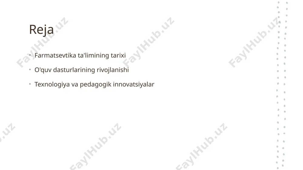 dasturlarining tarixiy rivojlanishi: o'zbekiston tajribasi. 1 o'zbekistonning boshlanishi o'zbekistonda farmatsevtika ta'limi 20-asr boshlarida paydo bo'lib, dastlabki oliy ta'lim muassasalari 1920-yillarda tashkil etilgan. 2 o'quv dasturlari dastlabki o'quv dasturlari asosan nazariy bilimlarga asoslangan bo'lib, amaliyotga e'tibor kam berilgan. bu o'zgarishlarga muhtoj edi. 3 innovatsion yondashuvlar 2000-yillardan boshlab, o'zbekistonda farmatsevtika ta'limida innovatsion yondashuvlar kiritilib, amaliyotga ko'proq e'tibor qaratila boshlandi. 4 zamonaviy rivojlanish hozirgi kunda, o'zbekiston farmatsevtika ta'limi zamonaviy o'quv dasturlari va raqamli texnologiyalarni integratsiyalash orqali rivojlanmoqda. zamonaviy farmatsevtika ta'limida innovatsion o'quv dasturlari. 1 innovatsion metodlar zamonaviy farmatsevtika ta'limida innovatsion metodlar, masalan, muammoga asoslangan o'qitish va flip-flop klasslar orqali o'quv jarayonini samarali tashkil etadi. 2 interaktiv o'qish o'quv dasturlarida interaktiv o'qish usullari, masalan, guruh muhokamalari va simulyatsiyalar, talabalar o'rtasida bilim almashishni va fikrlarni rivojlantirishni ta'minlaydi. 3 texnologiya integratsiyasi darslarda zamonaviy texnologiyalar, masalan, virtual laboratoriyalar va onlayn platformalar, talabalarga tajribaviy bilim olish imkoniyatini beradi, ularning o'qish samaradorligini oshiradi. o'quv dasturlarida texnologiyaning roli va imkoniyatlari. …