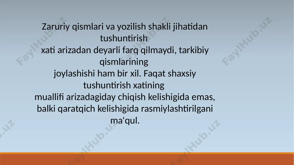 adi. «so'zga chiqdilar» birikmasi ham aynan shu shaklda yoziladi. zaruriyat bo'lganda, qavs ichida har bir so'zlovchining ish joyi va lavozimi ko'rsatiladi. masalan: so'zga chiqdilar: a.i. rahimov (maktab direktori) - ... majlisda berilgan savollar ham bayonnomada yoziladi. ma'ruzachiga savollar va ularga beriladigan javoblar «so'zga chiqdilar» bo'limiga kiritiladi va ko'rsatilgan tartibda rasmiylashtiriladi («savol» va «javob» so'zlari o'rnida so'rovchining ismi, otaismining bosh harflari va familiyasi; javob beruvchining ismi, otaismining bosh harflari va familiyasi esa faqat savolga ma'ruzachining o'zi javob bermagan hollardagina ko'rsatiladi). matnning uchinchi qismida muhokama etilgan masala bo'yicha qaror qabul qilinadi. «qaror qilindi» birikmasi ham bosh harflar bilan yoziladi. kun tartibidagi har bir masala yuzasidan alohida-alohida «eshitildi», «so'zga chiqdilar», «qaror qilindi» sarlavhalari qo'yiladi va so'zlovchilar nutqining qisqacha mazmuni, qabul qilingan qaror rasmiylashtiriladi /docprops/thumbnail.jpeg