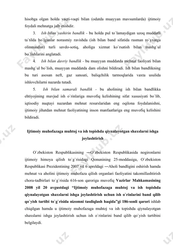 o`lmagan ijtimoiy ahamiyatli kasalliklar bilan og`riyotgan shaxslar uchun ham band qilib qo`yilishi mumkin. ijtimoiy muhofazaga muhtoj va ish topishda qiynalayotgan shaxslar uchun ish o`rinlarini band qilib qo`yish mahalliy davlat hokimiyati organlari tomonidan amalga oshiriladi. ijtimoiy muhofazaga muhtoj va ish topishda qiynalayotgan shaxslarni ishga joylashtirish uchun ish o`rinlarini band qilib qo`yish tartibi xodimlarining ro`yxat bo`yicha o`rtacha soni yigirma nafardan ko`pni tashkil etadigan tashkilotlar uchun belgilanadi. bunda nogironlarni ishga joylashtirish uchun xodimlar sonining kamida 3 foizi miqdorida ish o`rinlarining eng kam soni belgilanadi va band qilib qo`yiladi. band qilib qo`yilayotgan ish o`rinlarining jami miqdori mahalliy davlat hokimiyati organi qaroriga muvofiq tashkilot xodimlari ro`yxat bo`yicha o`rtacha sonining 7 foizidan ortiq miqdorda belgilanishi mumkin emas. ijtimoiy muhofazaga muhtoj va ish topishda qiynalayotgan shaxslar uchun ish o`rinlarini band qilib qo`yish to`g`risidagi takliflar tuman (shahar) bandlikka ko`maklashish va aholini ijtimoiy muhofaza qilish markazi tomonidan shakllantiriladi va tuman (shahar) hududida joylashgan tashkilotlar bo`yicha alohida tegishli qaror qabul …
